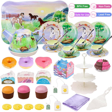 Tea Party Set for Little Girls,50PCS Princess Horse Tea Time Toy Including Food Sweet Treats Playsets,Teapot Tray Cake,Tableclot