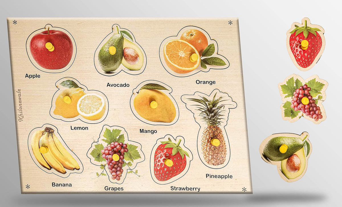 Khilonewale Wooden Puzzle with Knobs Educational and Learning Toy for Kids (Fruits)