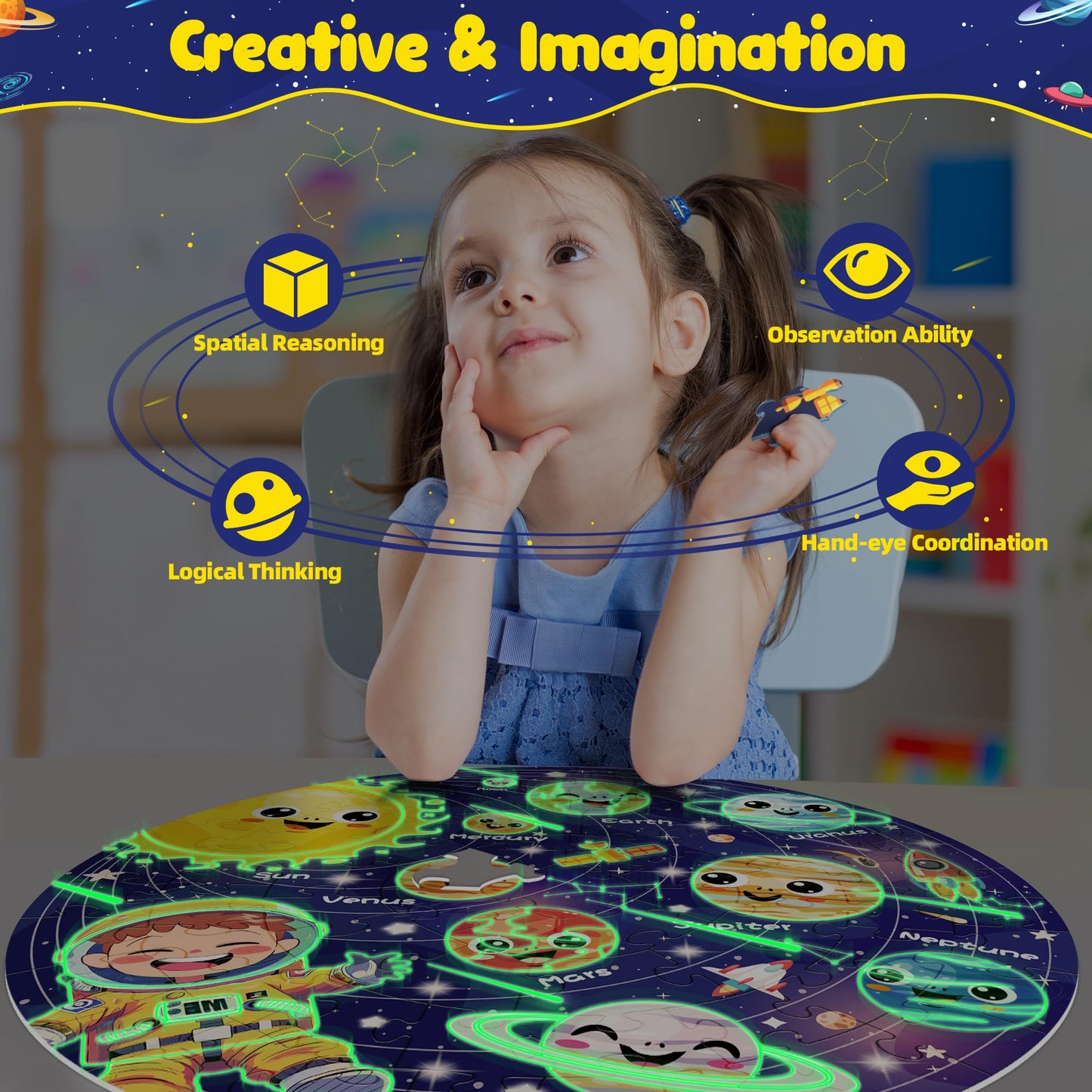 Zizz Puzzle For Kids Ages 4-6: Glow In The Dark Solar System Jigsaw Puzzles 70 Piece Space Planets Large Floor Puzzle For Kids 3