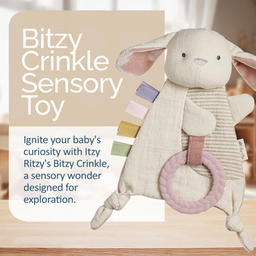 Itzy Ritzy - Bitzy Crinkle Sensory Toy Bunny With Crinkle Sound For Babies & Toddlers - Features Soft Braided Teething Ring & Textured Ribbons, Designed For Ages 0 Months And Up, Bunny