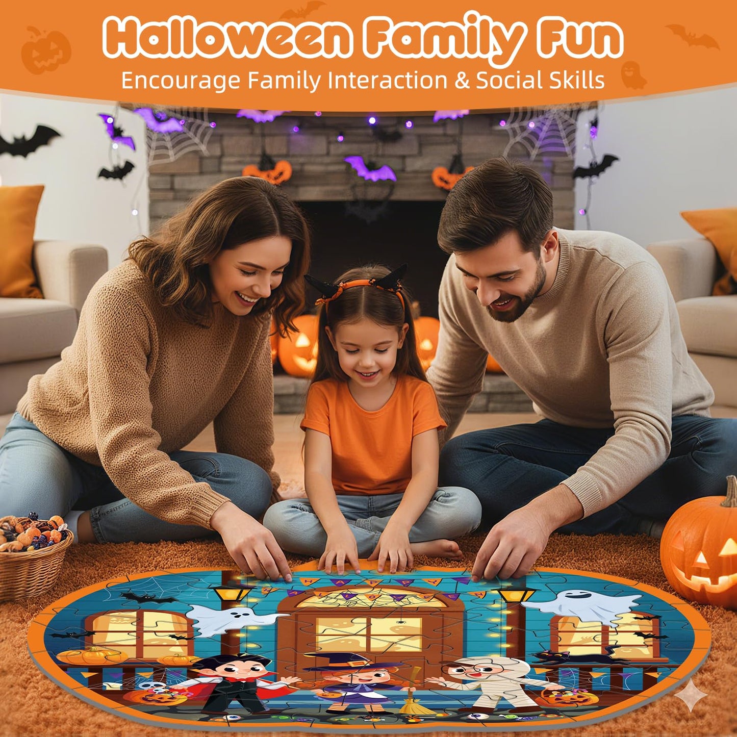 45 Pcs Halloween Floor Puzzle for Kids Age 4-8  Jumbo Pumpkin Jigsaw Puzzles Halloween Boo Basket Gifts Stuffers for Kids Girls Boys