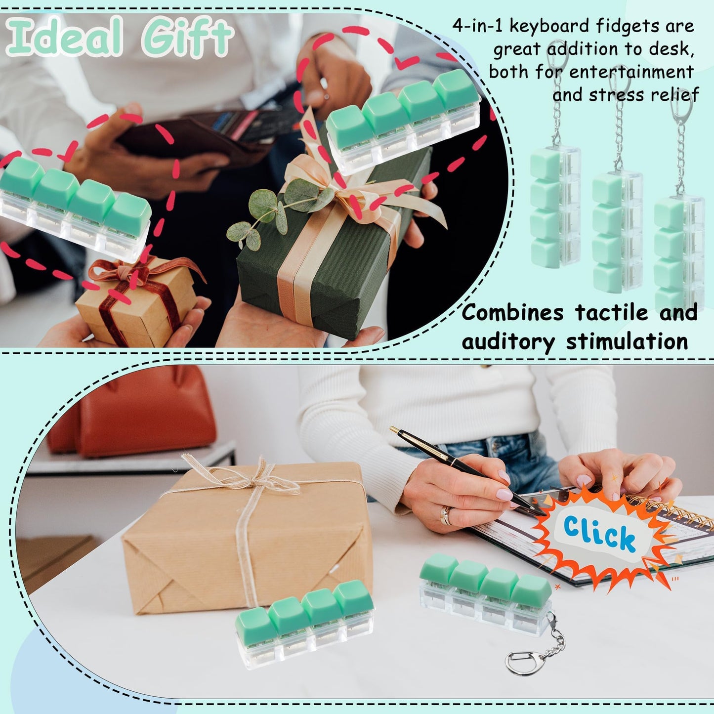 2 Pcs Keyboard Fidget Toy  Keyboard Fidget Keychain 4-in-1 Keyboard Decompression Button Finger Clicker Toys  Button Stress Relief Fidget Gifts for mature-themed to Relief Stress (Light Green)