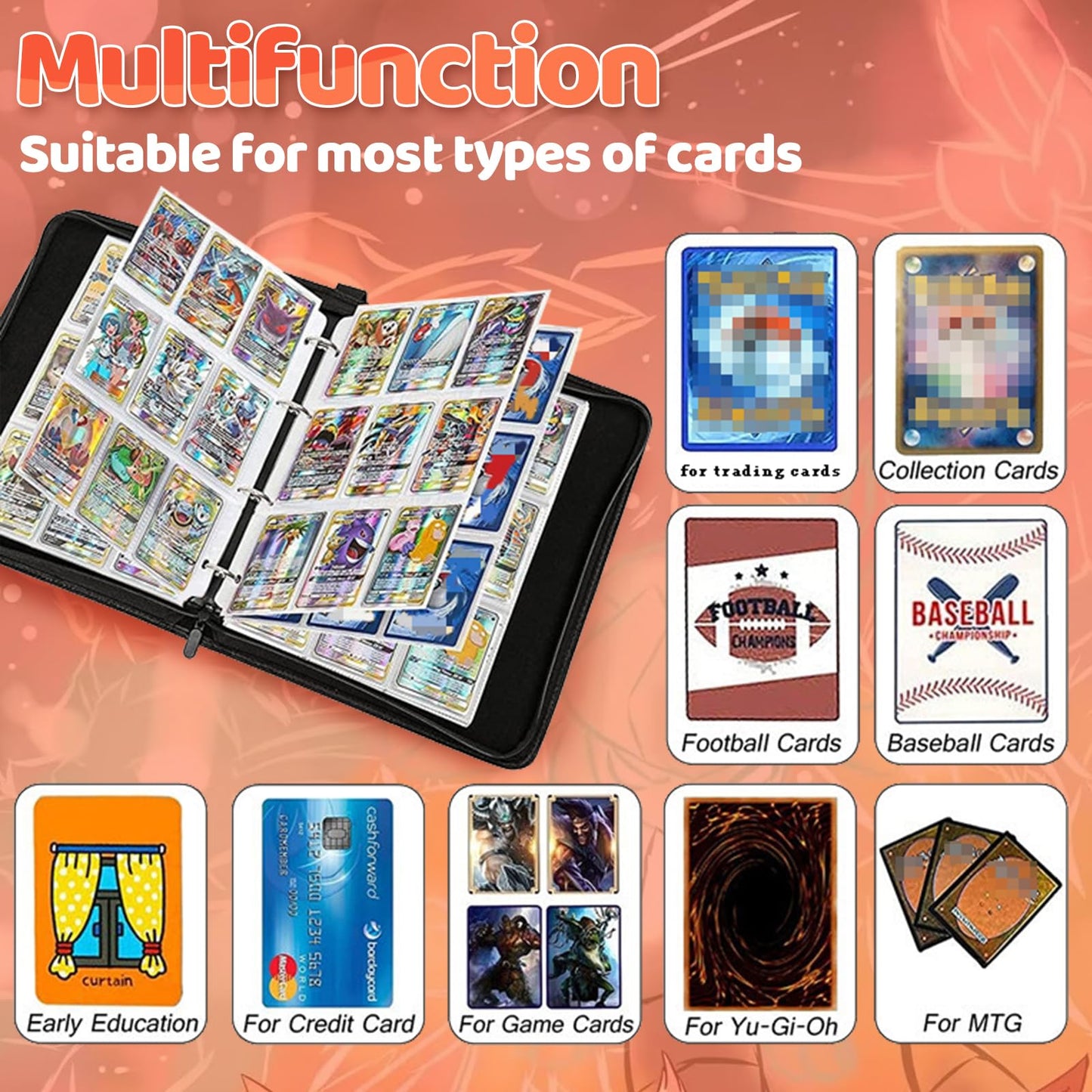 FLAJZ 9 Pocket Trading Card Binder with Zipper - Comes with 50 Pages of 9-Slot Card Sleeves  Holds 900 Cards  Fits Standard Size Trading Cards  Compatible with TCG  MTG  Sports Cards...