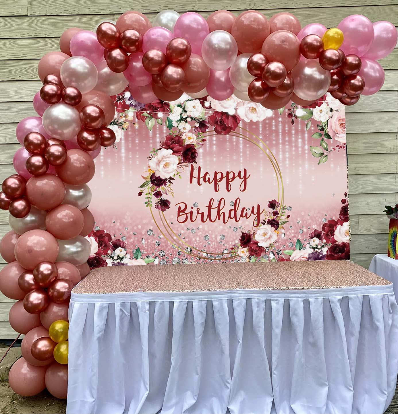 Floral Happy Birthday Backdrop for Women 7x5FT Burgundy Flowers Rose Gold Glitter Bokeh Photography Background Girls Birthday Pa