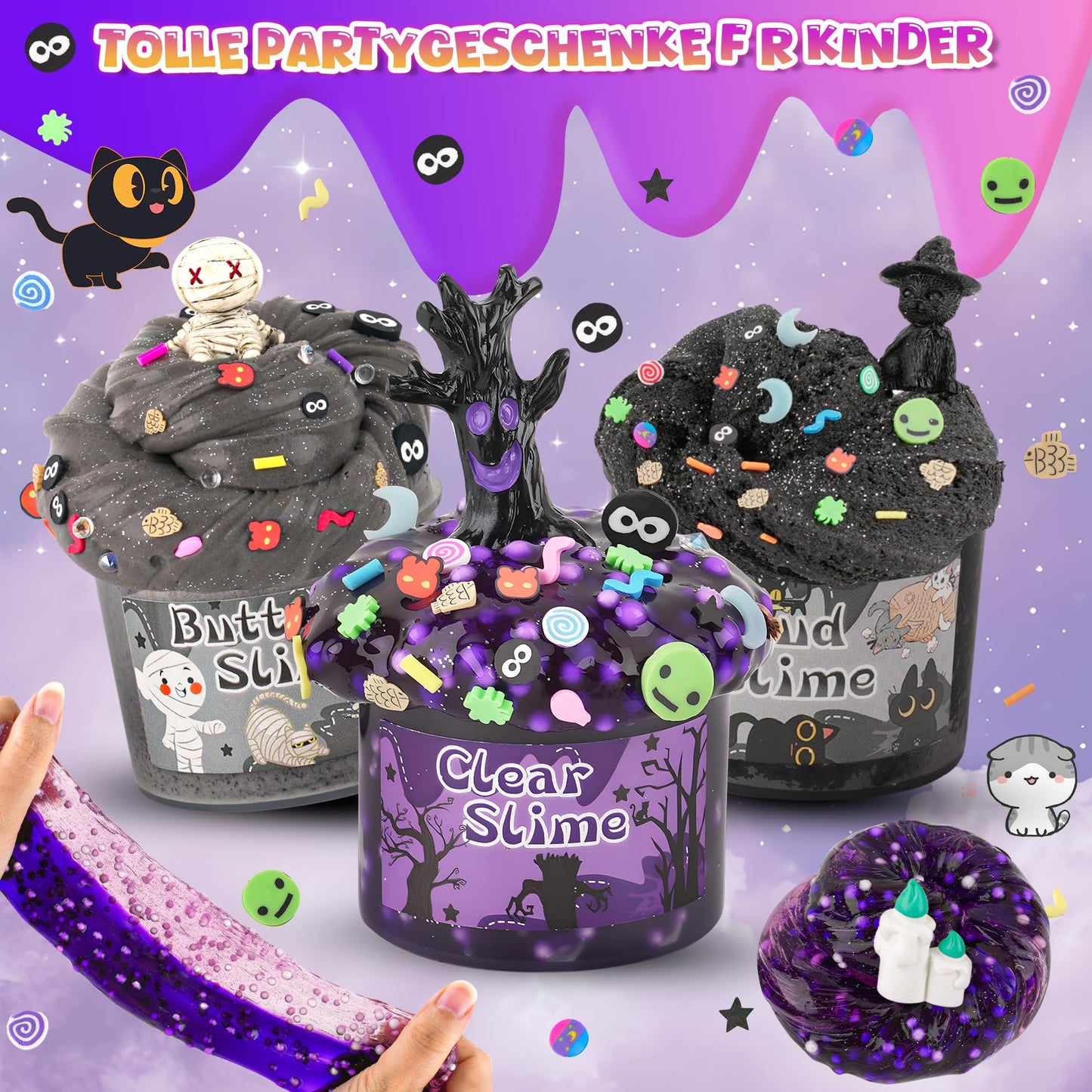 6 Packs Purple Black Slime Kit - Cloud Slime, Butter Slime & Clear Slime, Slime For Kids With Halloween Slime Add-Ins, Slime Kit For Boys & Girls Birthday Halloween Party Favors Christmas Easter Gifts