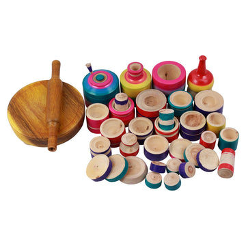 Paljji Handicrafts Eco Friendly Wooden Rural Kitchen Toy| Set for Kids Pack of 32 Multi Color | Chakla Belan Toy