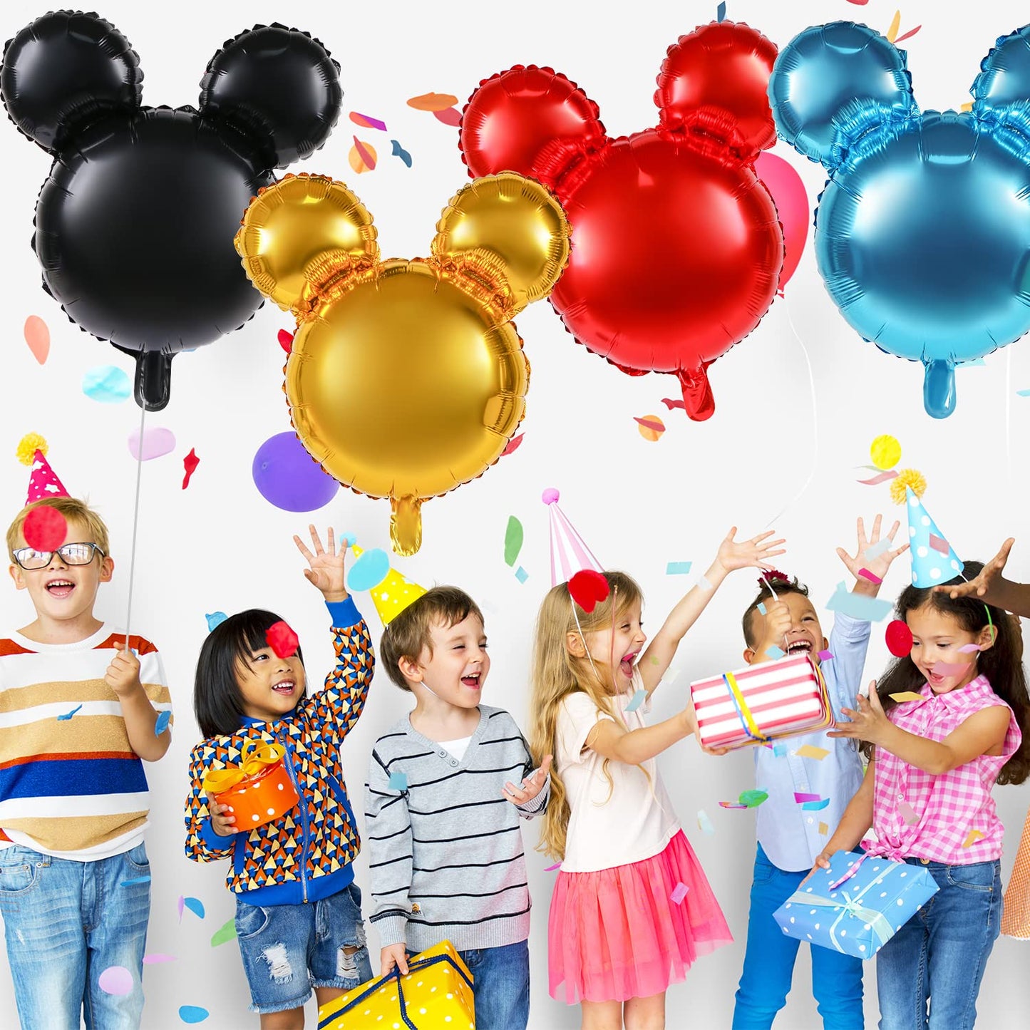 Mikimiqi 4 Pcs Mouse Head Foil Balloons, 24'' Mouse Mylar Balloon For Birthday Party Decorations Jumbo Mouse Head Aluminum Foil Balloons Party Favors Supplies (Black Red Blue Gold)