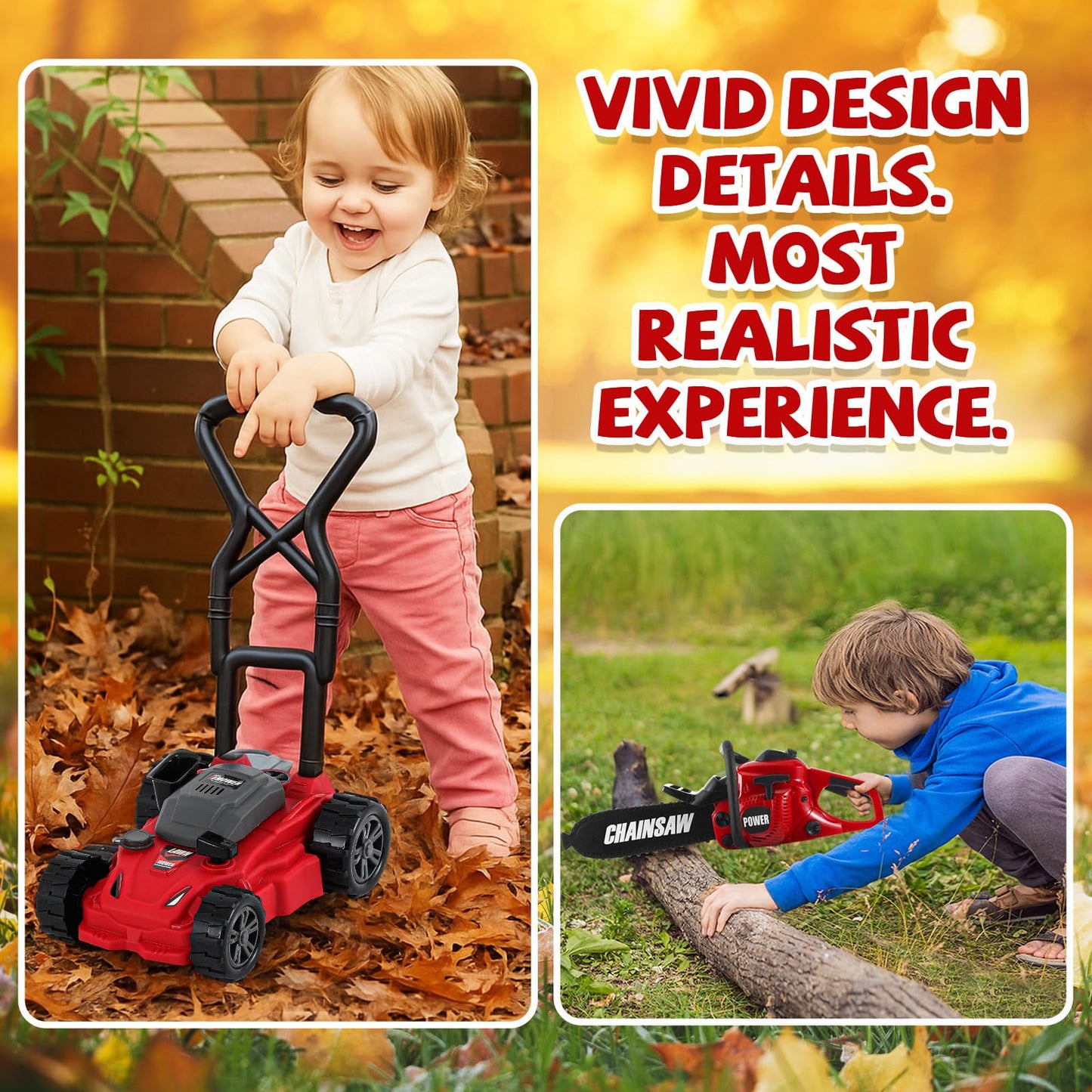 Arrowbash 2 Pcs Toy Gardening Tool Set for Kids Toy Chainsaw  Push Lawn Mower Battery Powered Gardening Tool Set with Lights and Sounds Gift for Boys Girls