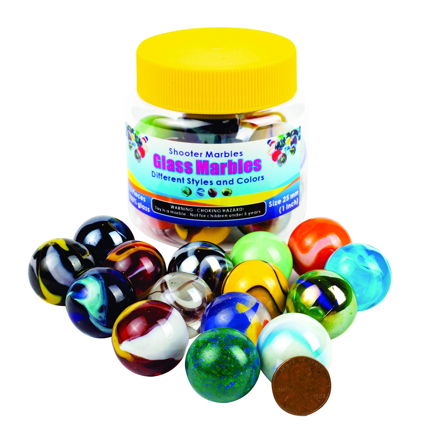 Shooter Glass Marbles Bundle, Pack Of 15, 1 Inch, With Practical Container
