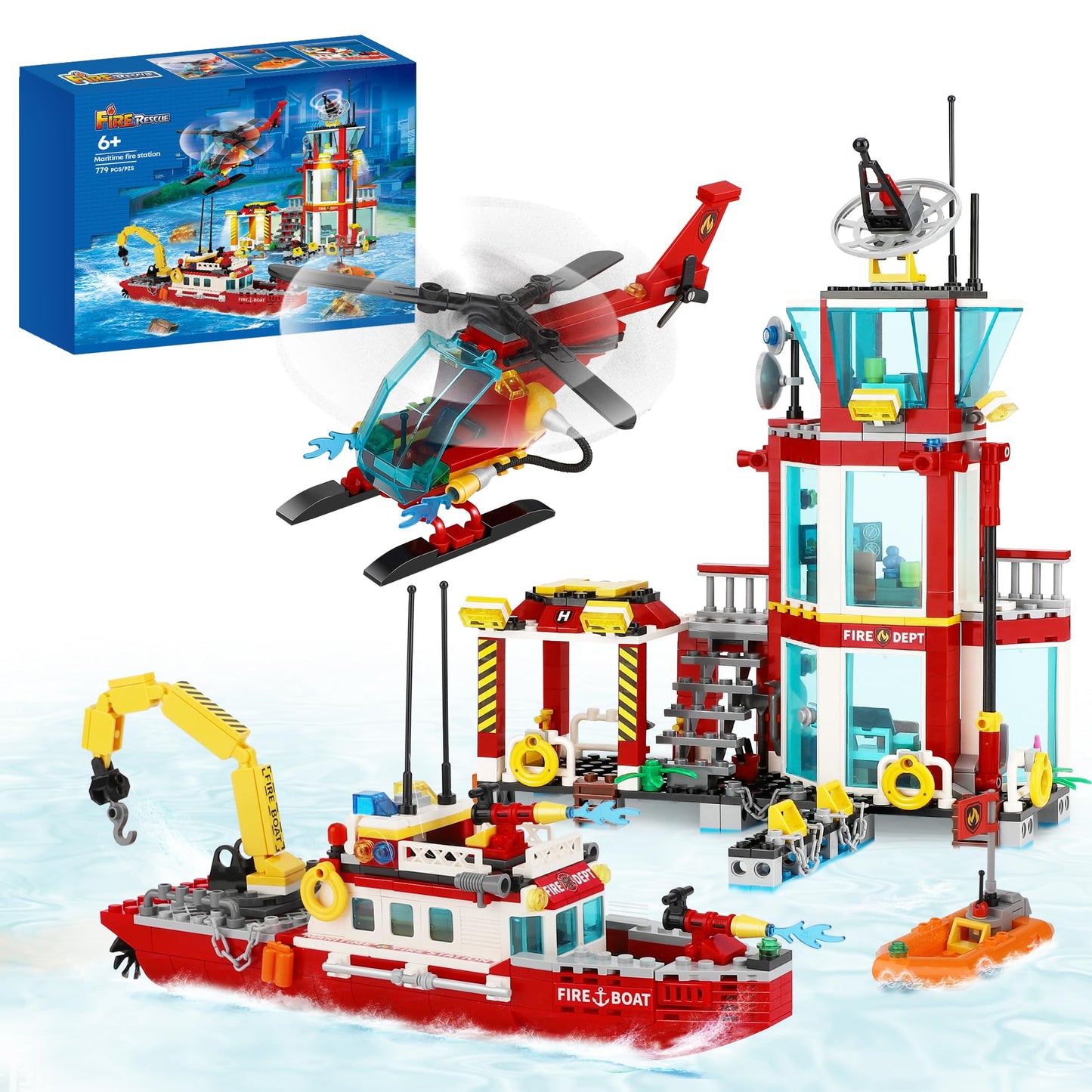 Toy Player City Oceans Fire Station Building Kit - Compatible With Leg0 Fire Station Set, With Fire Station/Fire Helicopter/Fire Ship/Rescue Boat, Gift For Sets For Boys 8-14 Years