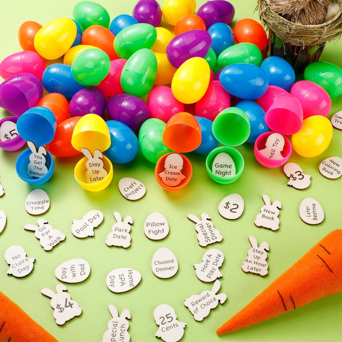 Blueweenly 60 Sets Easter Egg Tokens With Plastic Easter Eggs, Bulk Colorful Fillable Reward Prizes Wooden Bunny Chick Tokens Pr