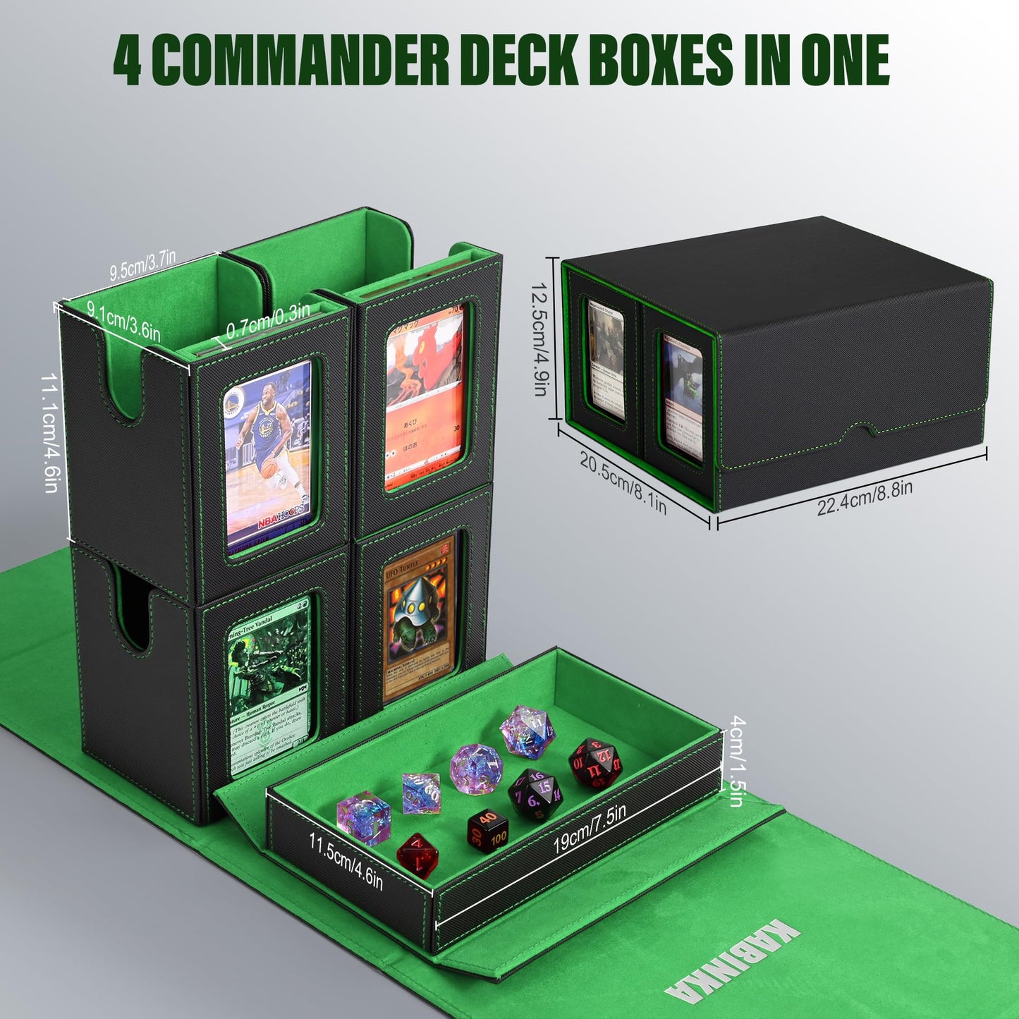 MTG Deck Box with Commander Display -protected designed Design  5 in 1 Trading Card Storage Box Fit 400 Double-sleeved Cards  Card Deck Case for TCG/Sports Cards with 4 Magnetic Card Holders(Black Green)