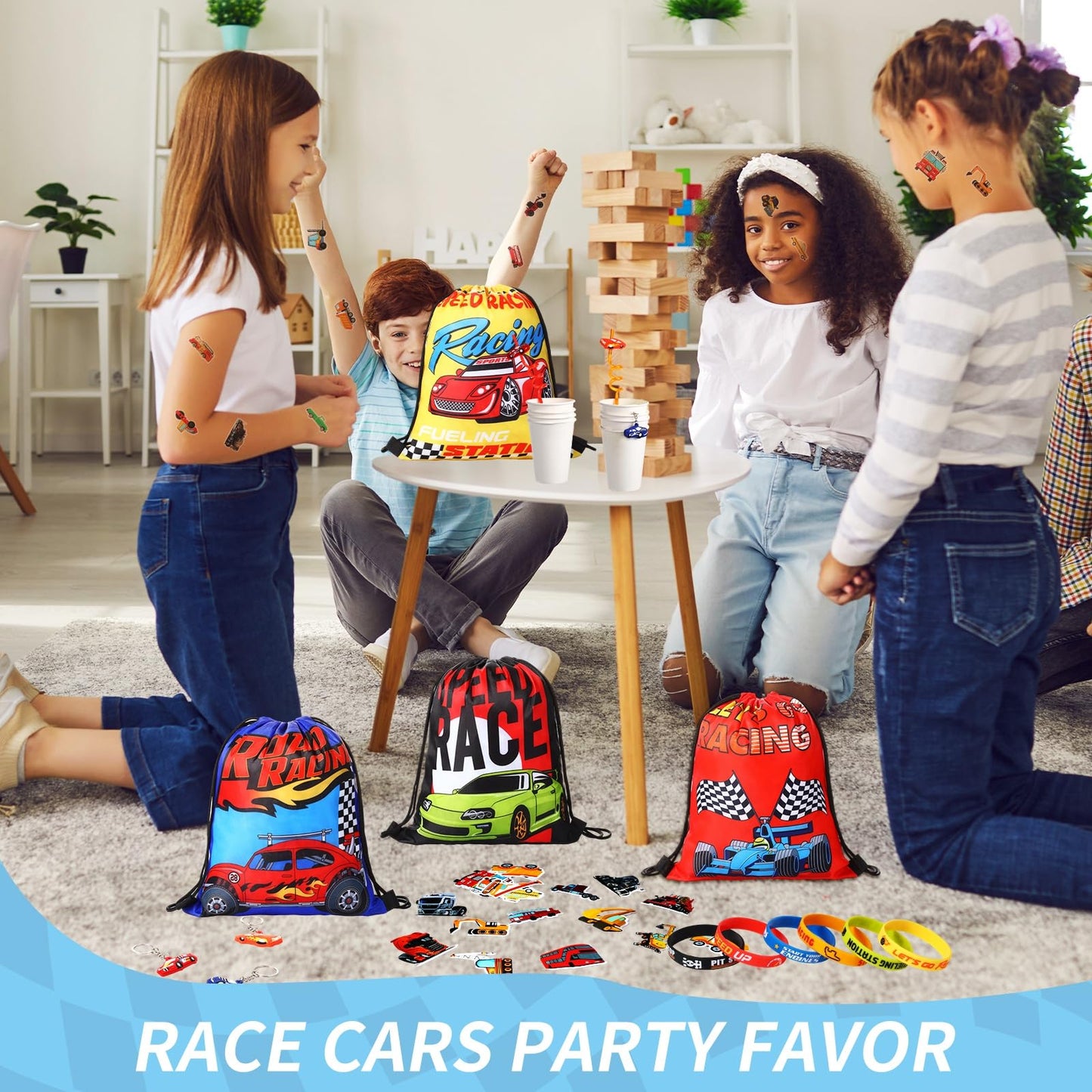 Sadnyy 140 Pcs Race Car Party Favors Birthday Party Decorations Supplies Drawstring Bags with Silicone Bracelets Keychains Straw