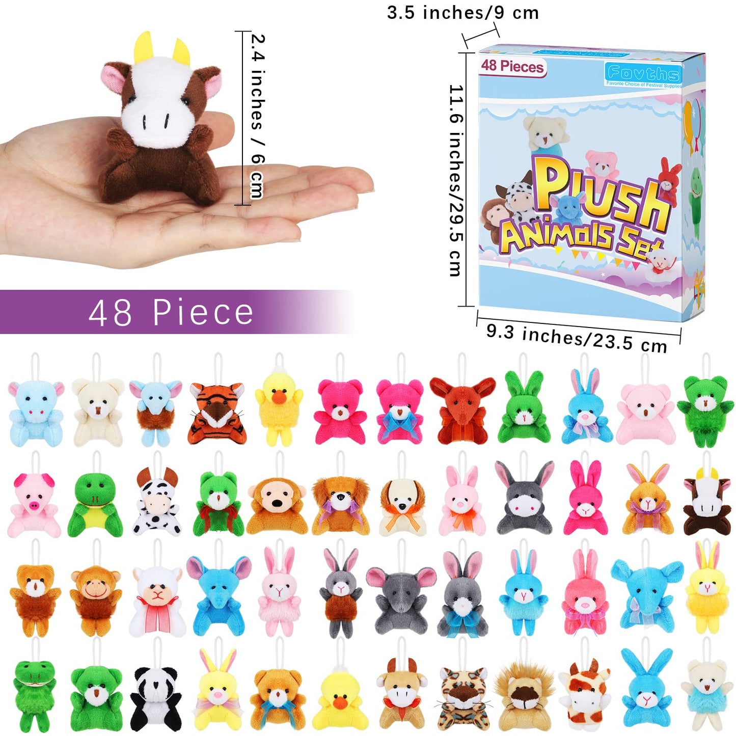 Fovths 48 Pieces Mini Plush Animals Toys Set Lovely Small Stuffed Animal Keychain Decor For Easter Hunts, Party Favors, Carnival
