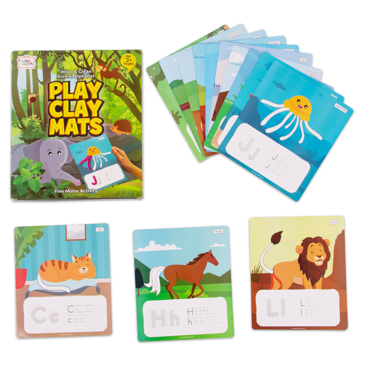 Trunk Works Animal Alphabet Playclay Mats | 13 Play Mats For Clay Or Playdoh Or Dough Or Dry Erase Markers For Ages 3+| Develops