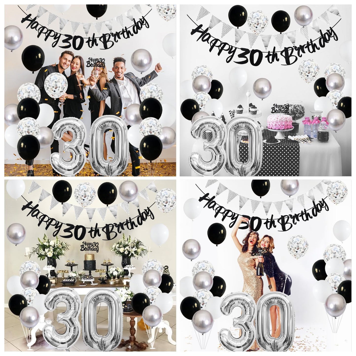 30Th Birthday Decorations For Women Men, Happy 30Th Birthday Banner With Black Silver White 30Th Birthday Balloons Birthday Cake