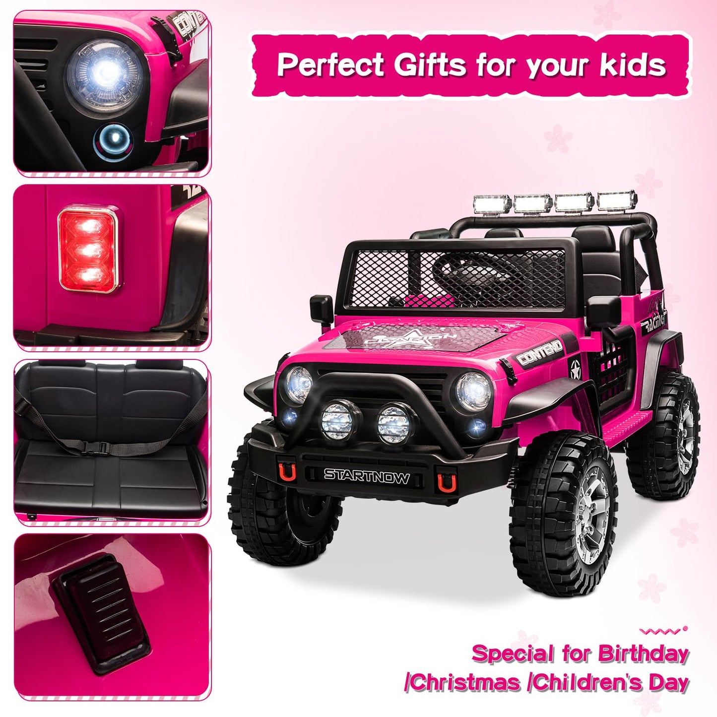 Sehomy 2-Seater Kids Ride On Truck Car With Remote, 12V Battery Powered Electric Car For Kids 3 - Spring Suspension, Led Lights,