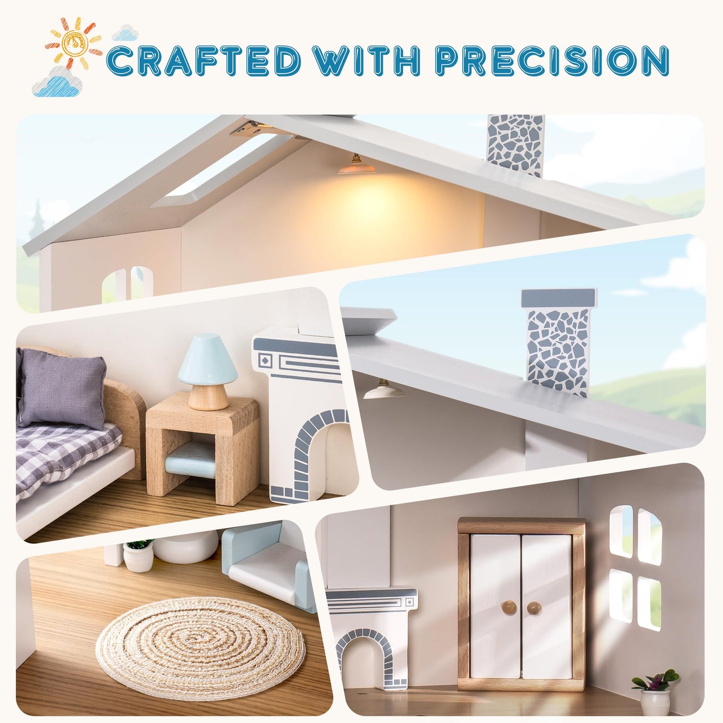 ROBOTIME Wooden Dollhouse  Wooden Doll House with 29 Pieces of Furniture  6 Rooms Fits 4-6 Inch Dolls  Gift for Kids Ages 3+