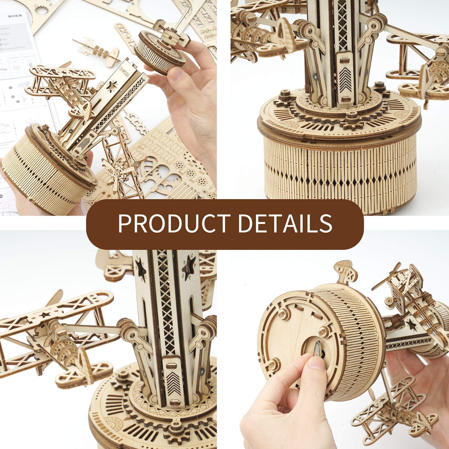 ROKR Wooden Music Box Puzzle, DIY Airplane Tower, 1 Set, Desk Decor for Adults & Teens, Non-Toxic, Hand-Eye Coordination, Gift f