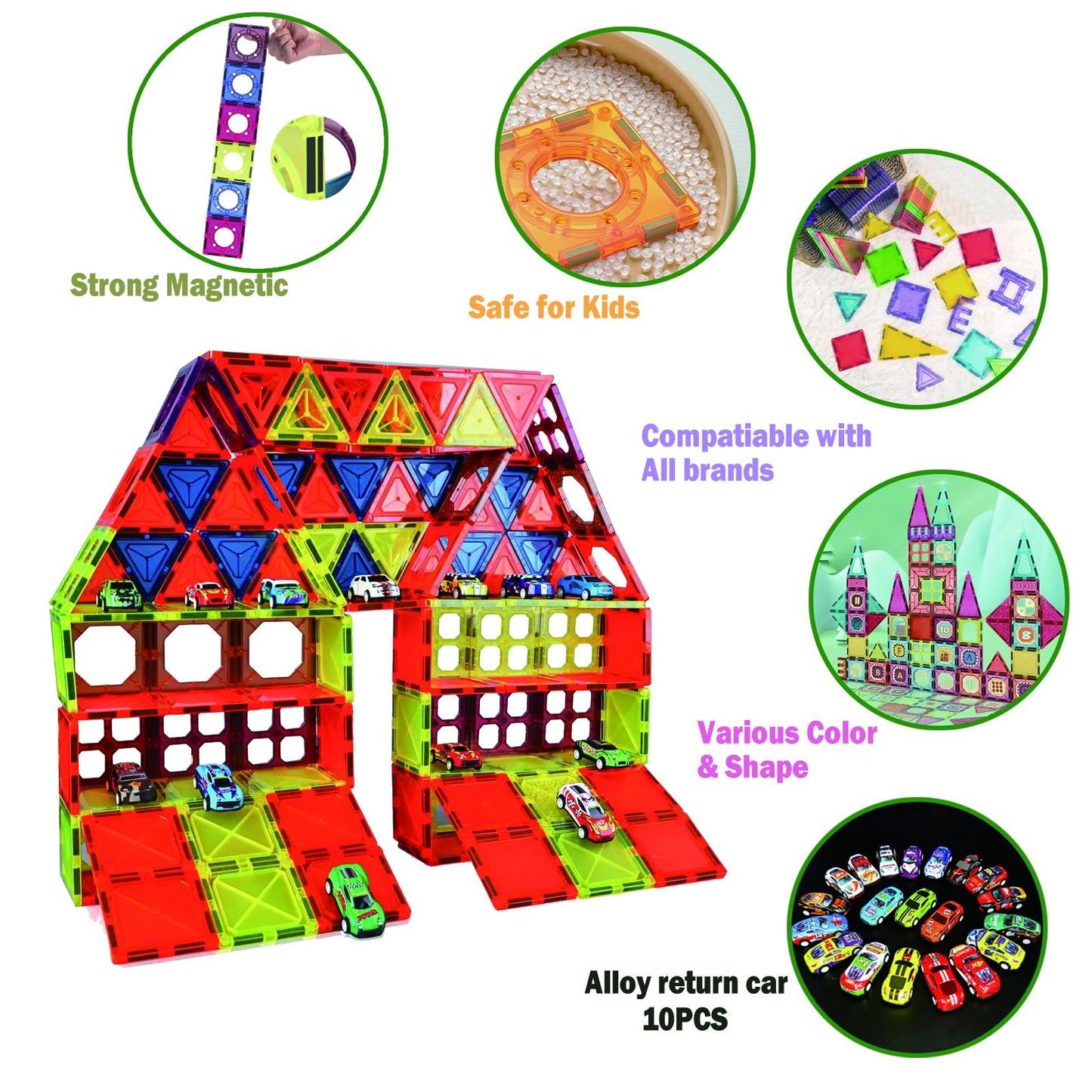 Magnetic Tiles Parking Building Playset With 10 Pull-Back Metal Cars 105Pcs For Kids Construction Stem Toy Preschool Educational