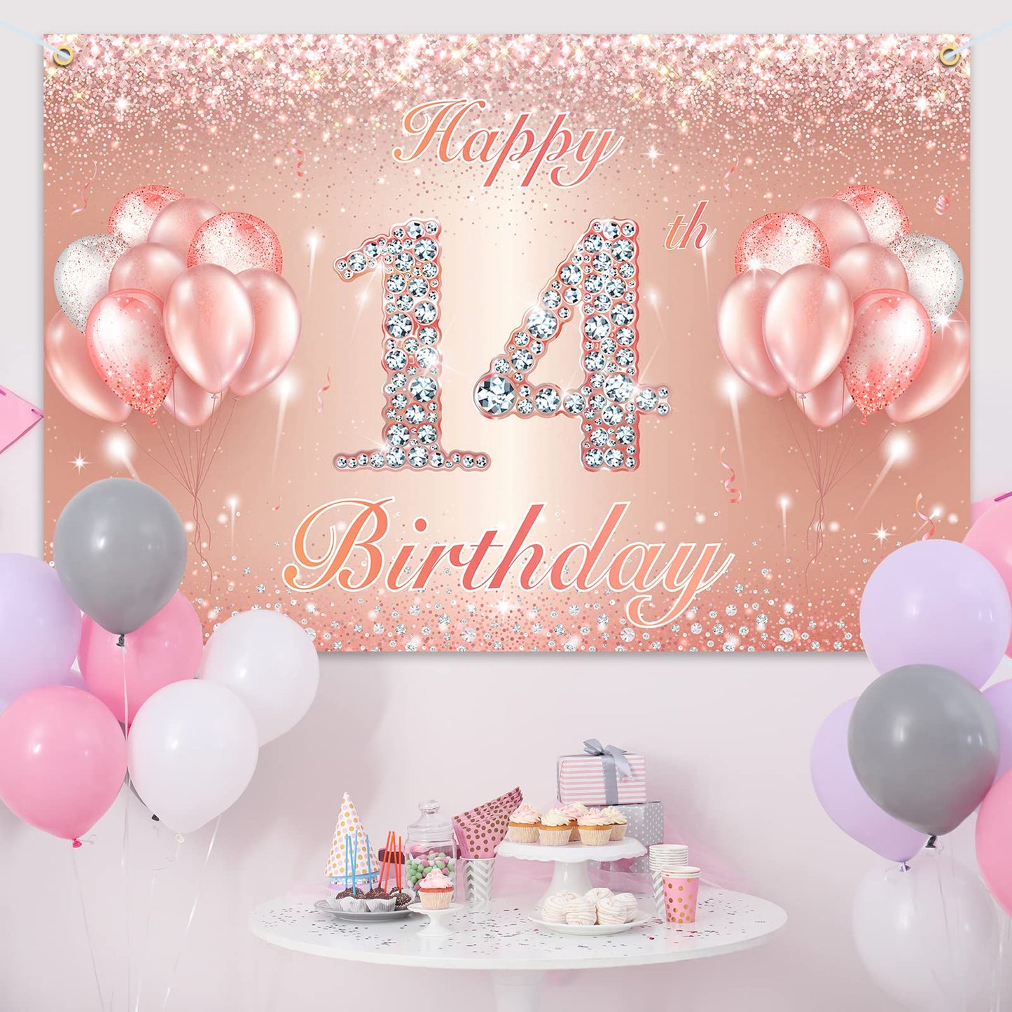 Happy 14Th Birthday Banner Backdrop - 14 Birthday Party Decorations Supplies For Girls Or Boys - Rose Gold 4 X 10Ft