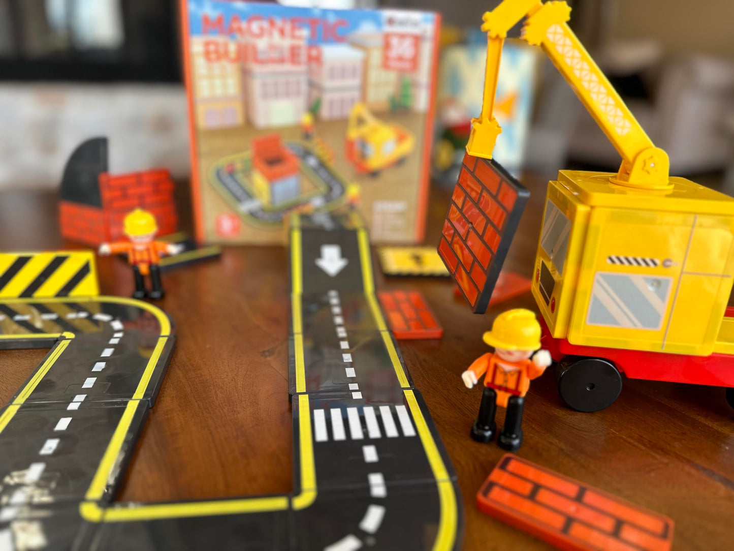 Car Road Track Magnetic Tiles & City Construction Builder Set With Crane And Figures - Stem Building Blocks Toy For Toddler Pres