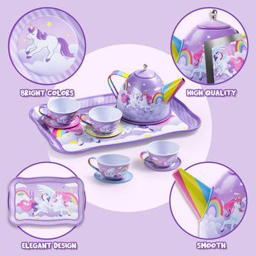 JOYIN Unicorn Tea Party Set for Little Girls, Pretend Purple Tin Teapot Set, Princess Tea Time Play Kitchen Toy with Teapot, Cup