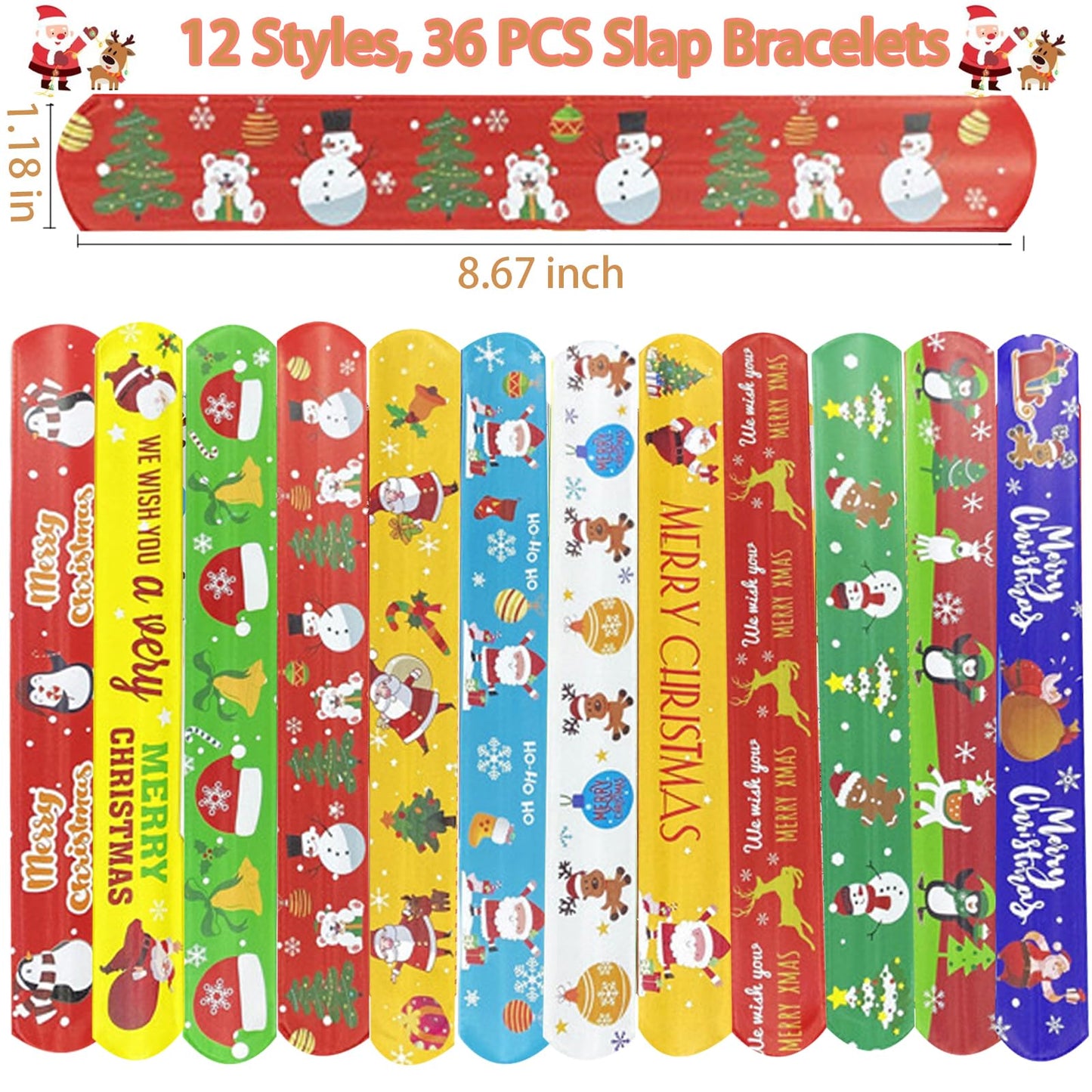 NovaHance 36 PCS Slap Bracelets Christmas Party Favors,Bulk Snap Bracelet Party Favors Supplies for kids&teens Gifts Teacher Cla