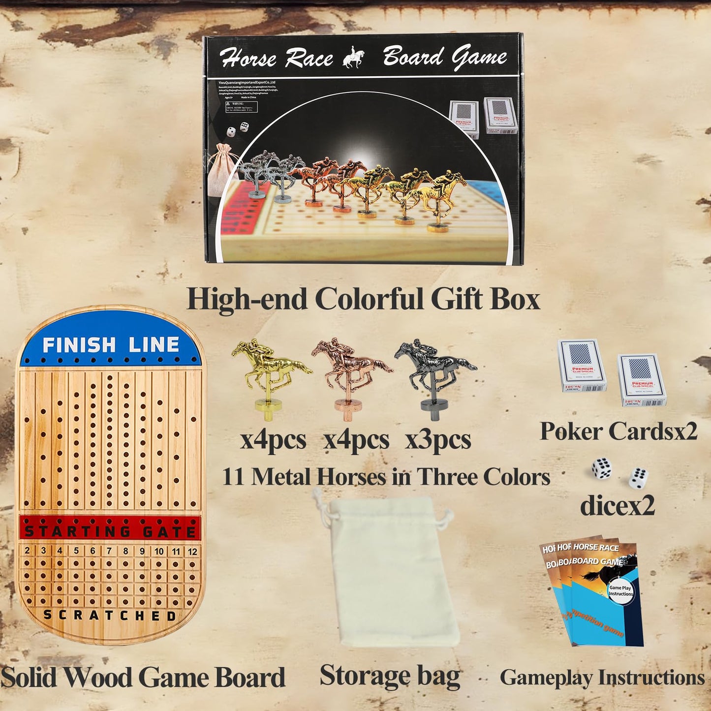 Horow Large Original Horse Racing Board Game Thicken Wood Horse Race Card And Dice Board Game Luxury Edition Set With 11 Metal H