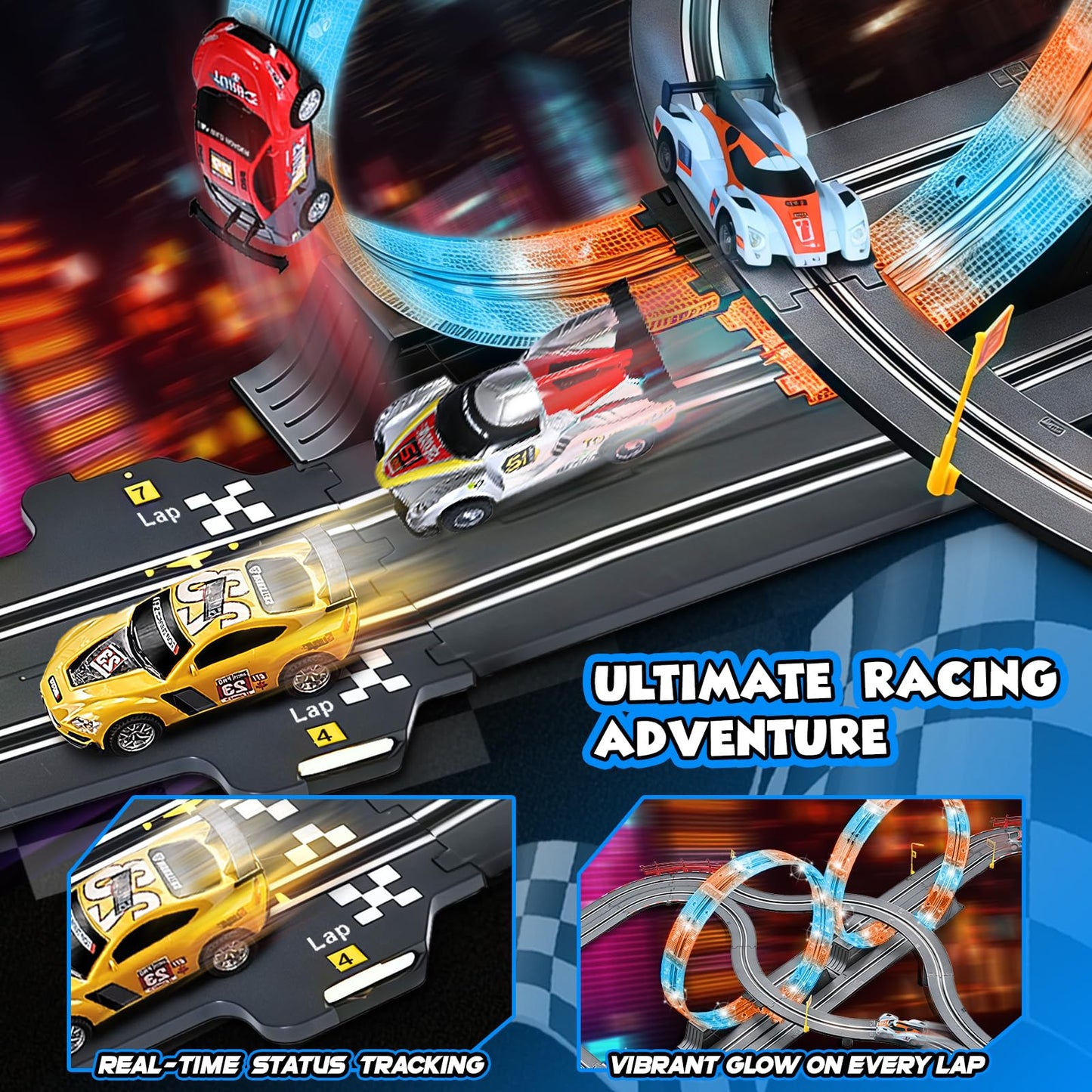 RIANEAN Slot Car Race Track Set - 4 Cars, Electric Dual Racing Game, 0.2" Size, Plastic, Model K-CARA51-4A-LIGHT, Gift for Kids