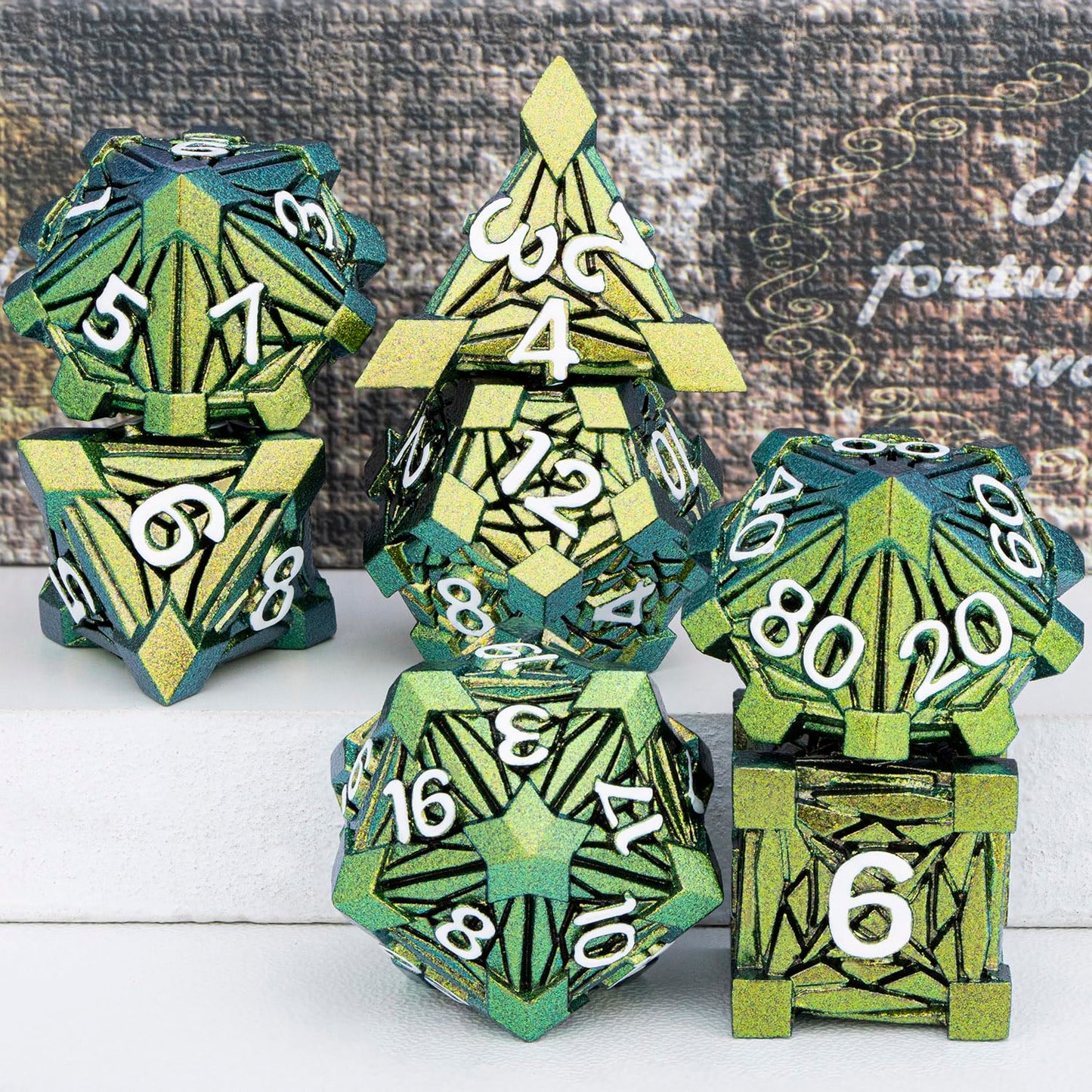 ORIFANTOU 7PCS Metal DND Dice Set with Box, Debris RPG Green Yellow D and D Dice for use with D&D Tabletop Games Role Playing Ga