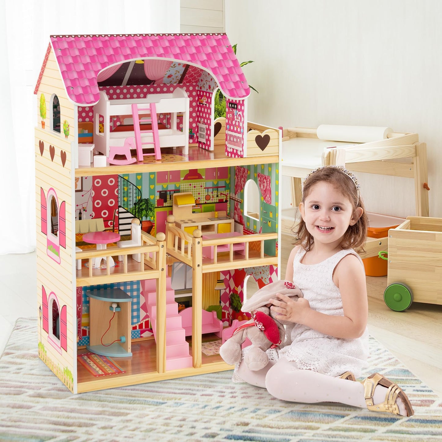 HONEY JOY Pink Doll House, Wooden Kids Dollhouse with Balcony & Stairs, 15 Pieces Accessories & Furniture Included, Large 3-Stor