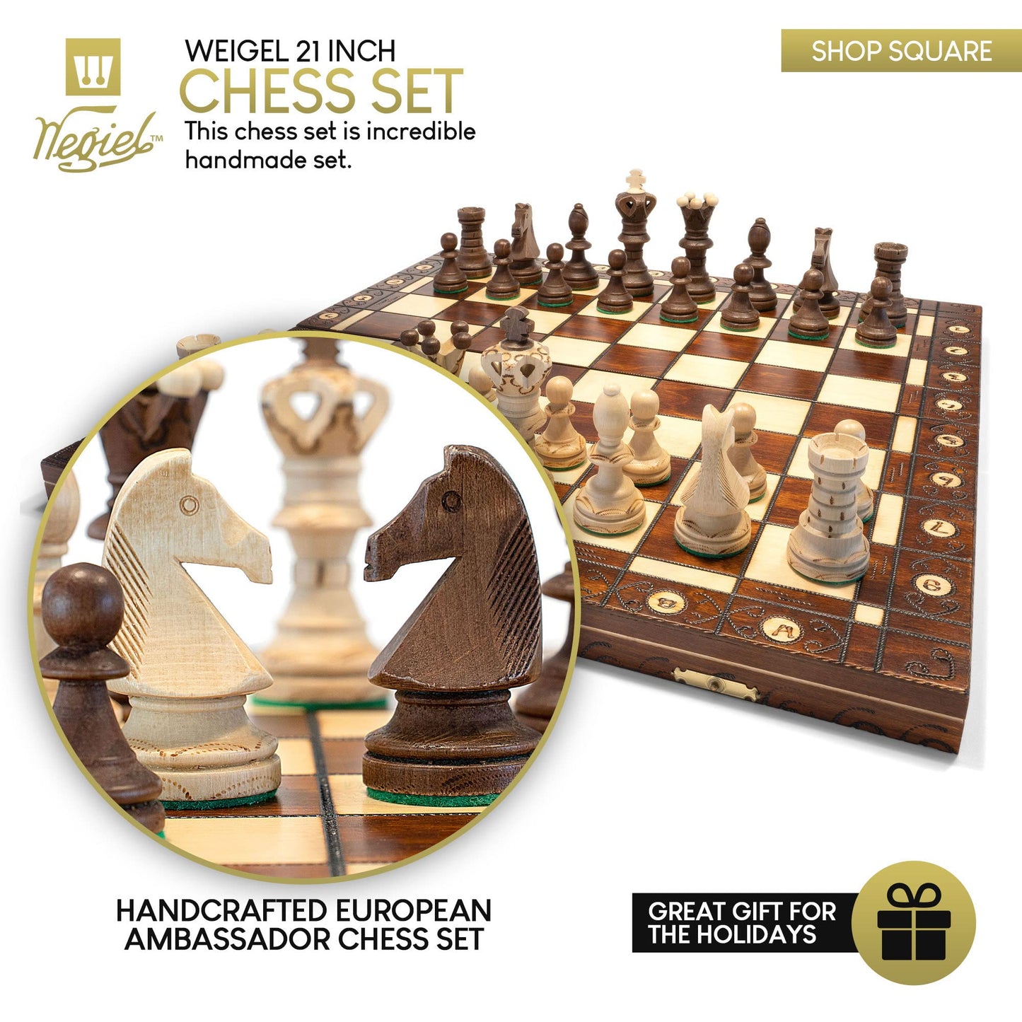 Wegiel Handmade European Ambassador Chess Set - Wooden 21 Inch Beech & Birch Board With Felt Base - Carved Hornbeam & Sycamore Wood Chess Pieces