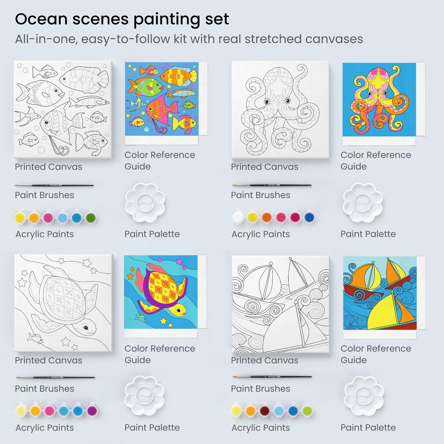 Arteza Kids Ocean Scenes Painting Kit, 4 Canvases 8 X 8 Inches, 24 Acrylic Paints, 4 Paint Brushes, 4 Palettes, Kids Activities Ages 6 And Up