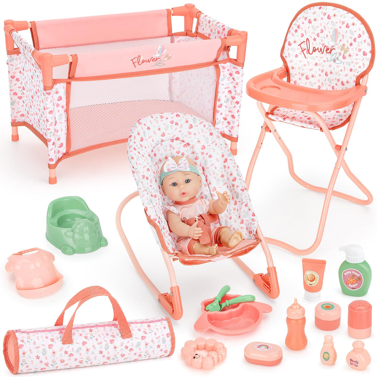 deAO 12 Baby Doll Playset Crib High Chair 18PCS Nursery Pretend Play Toy