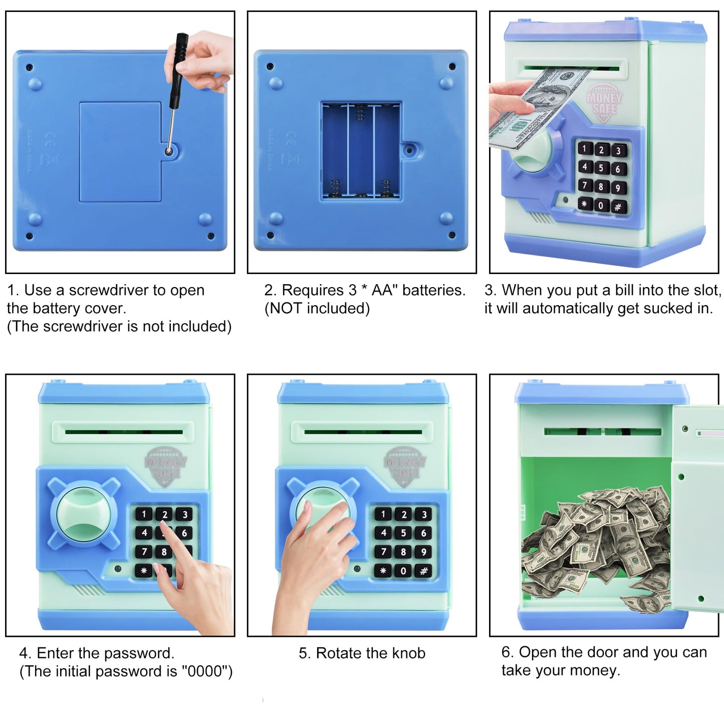 Cargooy Mini Atm Piggy Bank Atm Machine Best Gift For Kids,Electronic Code Piggy Bank Money Counter Safe Box Coin Bank For Boys Girls Password Lock Case (Cyan)