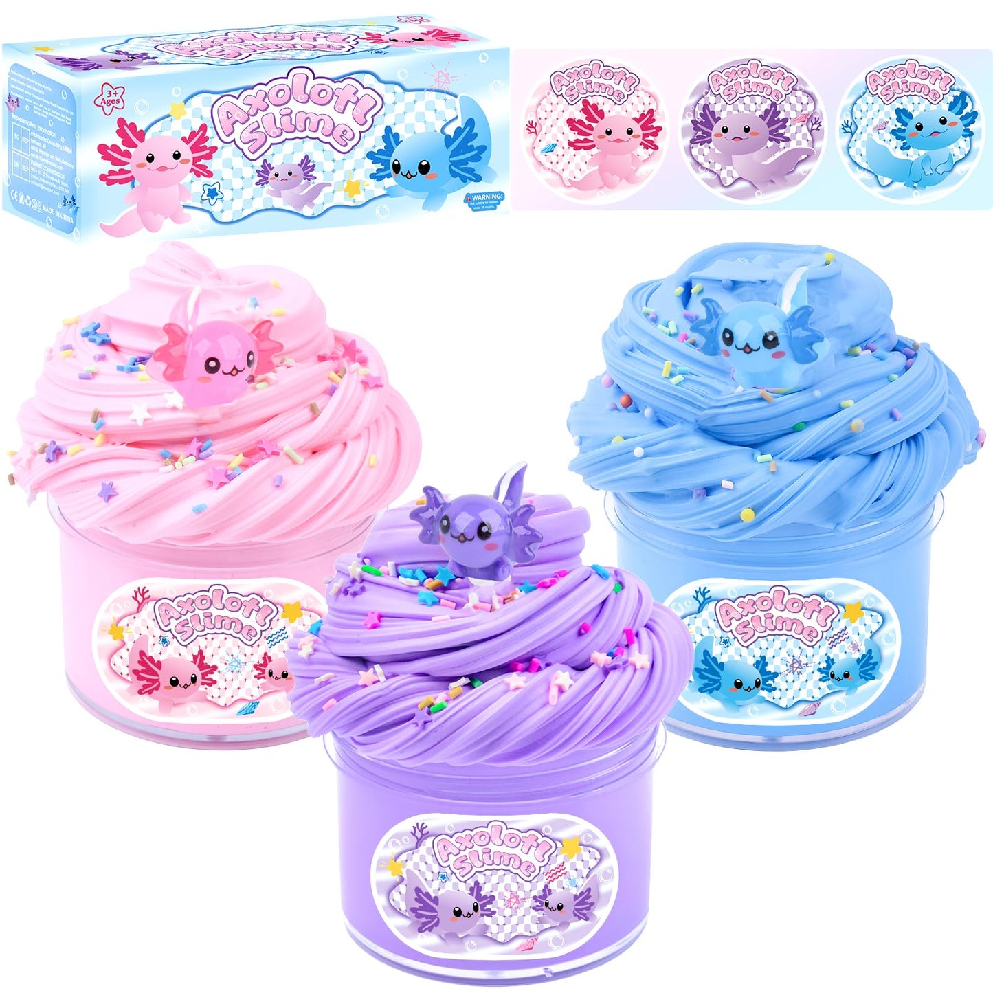 3 Pack Axolotl Butter Slime, Slime Kit with Pink, Blue, Purple Axolotl Charms, Soft and Stretchy, Slime Party Favor for Girls & 