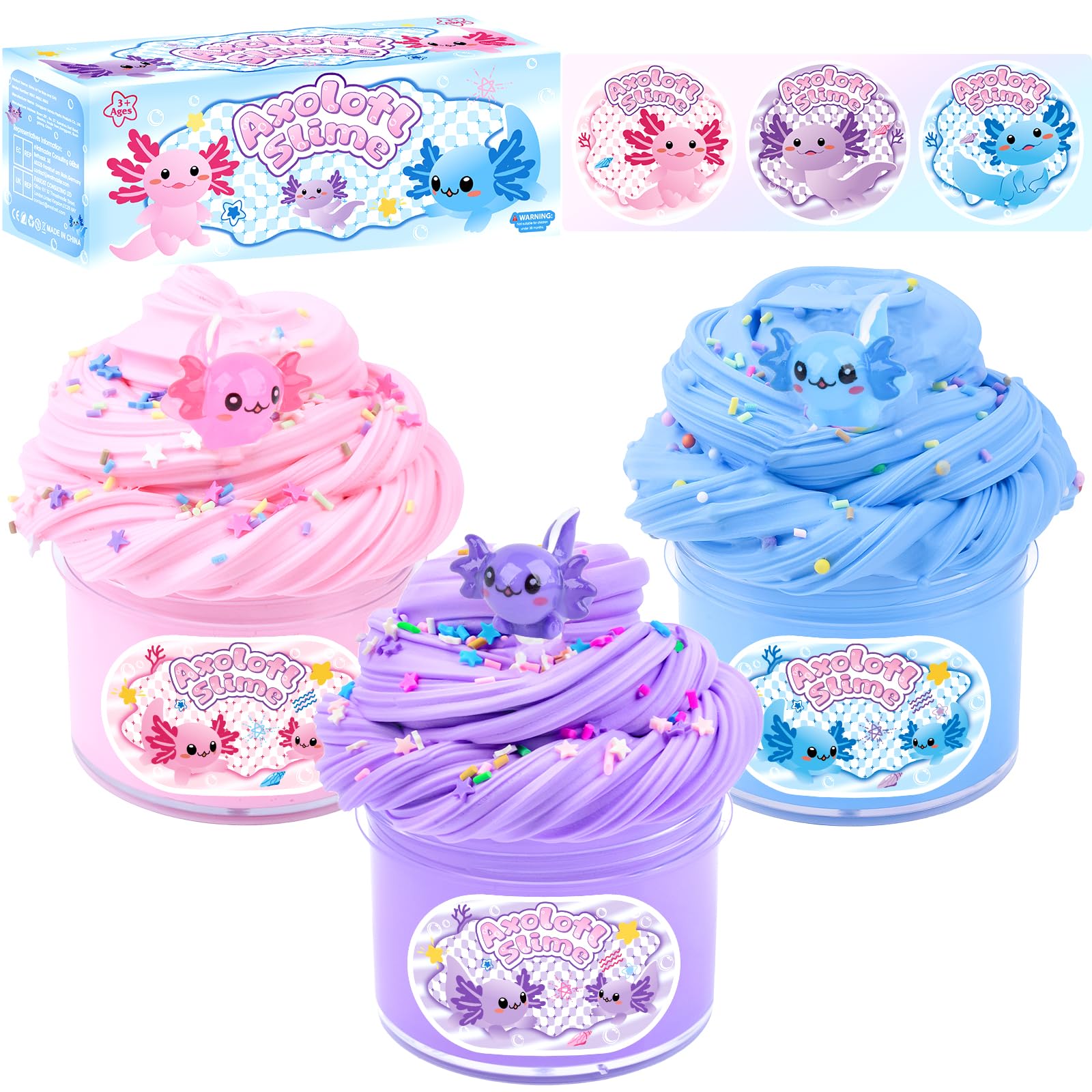 3 Pack Axolotl Butter Slime, Slime Kit with Pink, Blue, Purple Axolotl Charms, Soft and Stretchy, Slime Party Favor for Girls & 