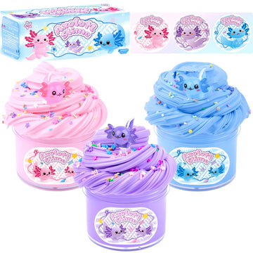 3 Pack Axolotl Butter Slime, Slime Kit with Pink, Blue, Purple Axolotl Charms, Soft and Stretchy, Slime Party Favor for Girls & 
