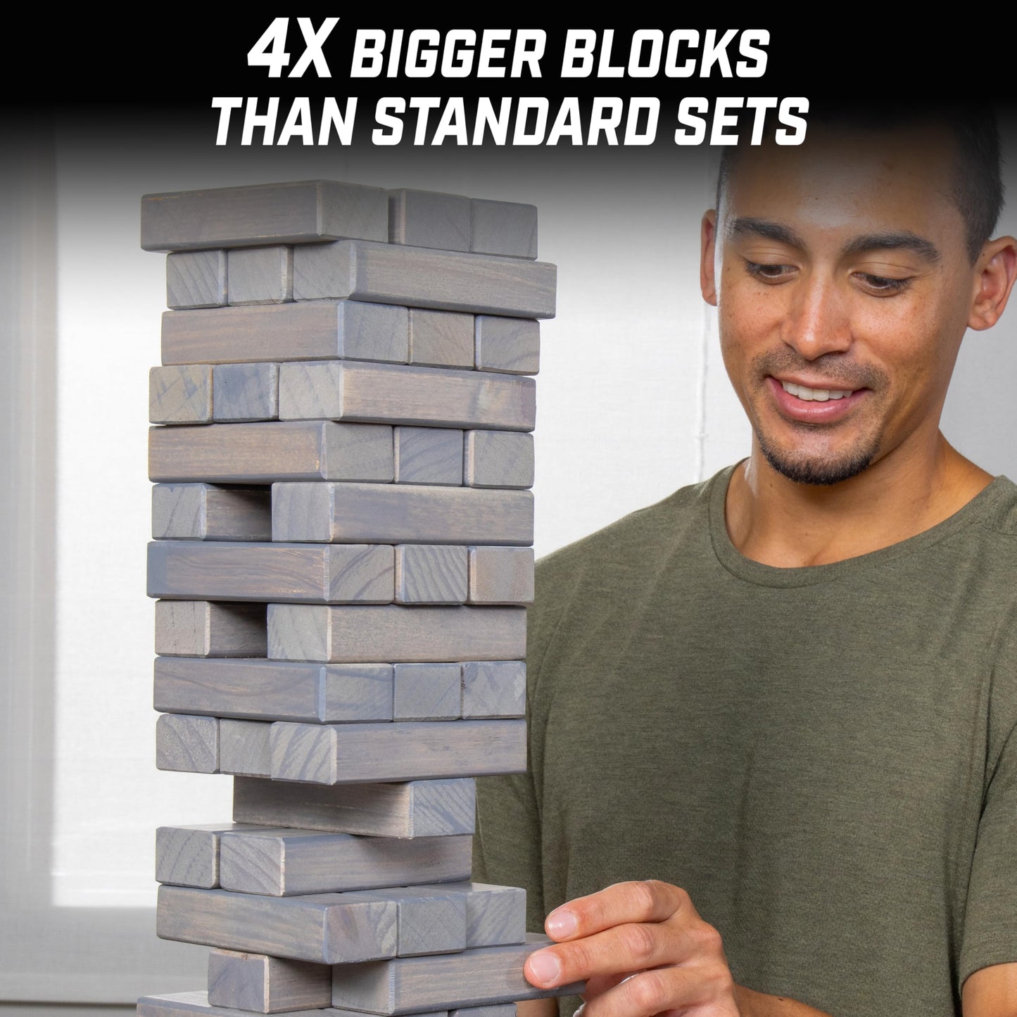 GoSports Large Wooden Toppling Tower - Stacks Up to 3 ft - Gray Wood Stain
