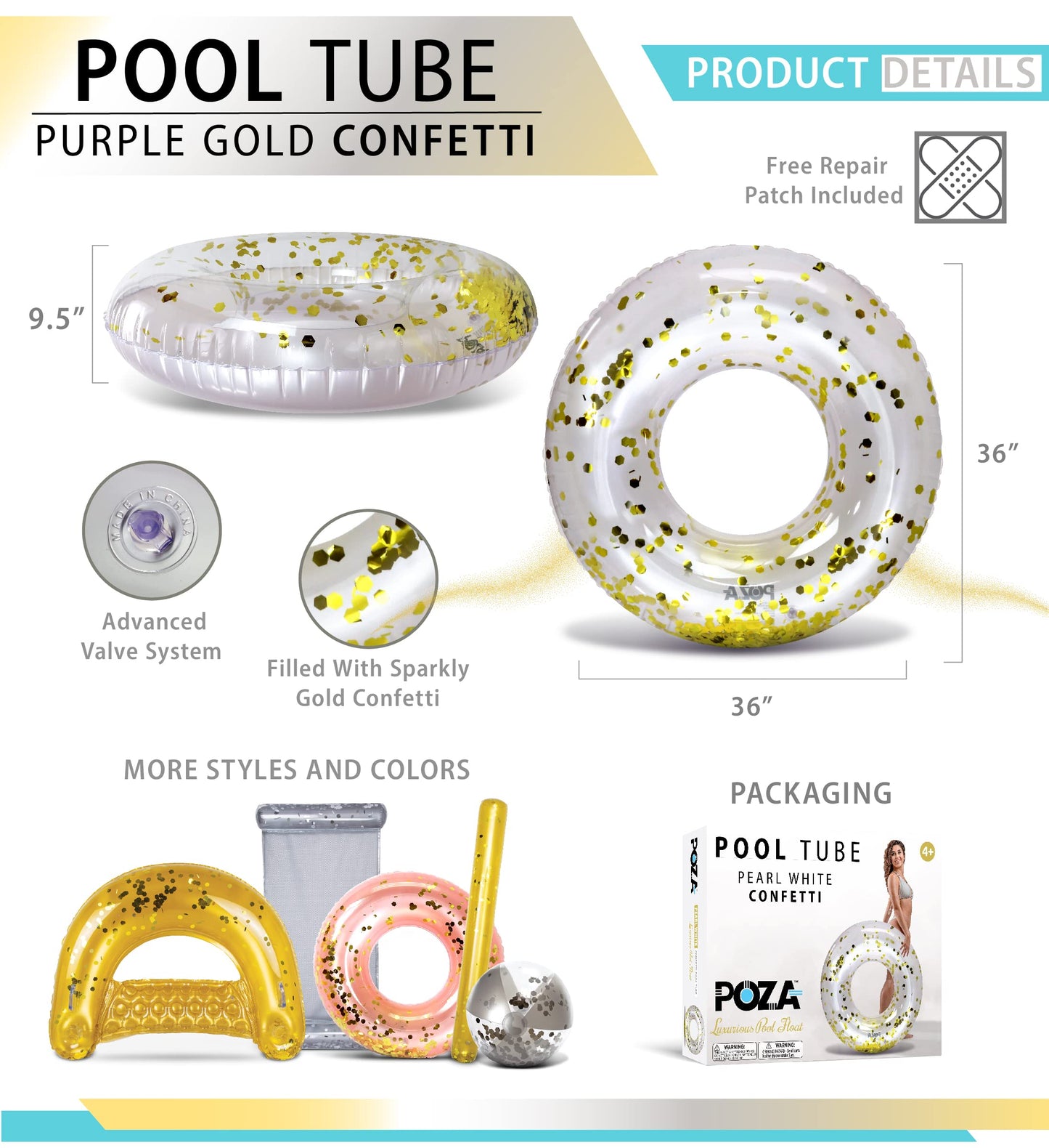 CoTa Global Inflatable Pearl White Pool Float Tube - enhanced Confetti Pool Float  Inflatable Tube Ring Pool Float for Kids and mature-themeds  Heavy Duty Pool Ring Party Float for Beach  Lake - 36 Inches