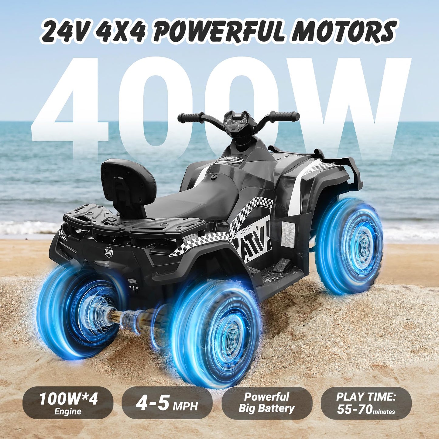 Elemara 24V 2 Seater Ride On Atv For Big Kids,Kid 4 Wheeler Quad Ride On Toy, 5Mph Max Speed,400W Motor,Electric Atv For Kids,Bl