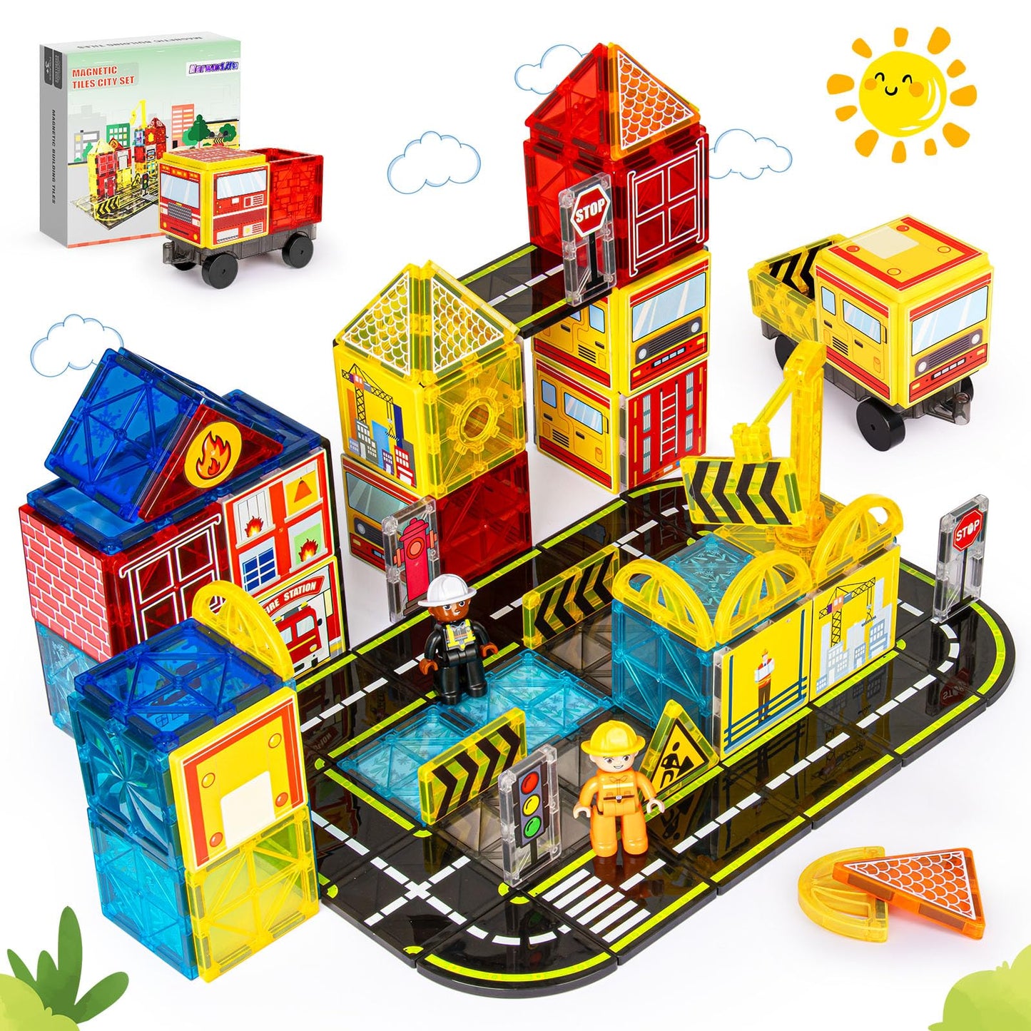 Magnetic Tiles Road Set with Fire Trucks & 2 Dolls  Double-Sided Magnet Tiles with 2 Cranes  Toys for Boys Ages 3-5 5-7  STEM Learning Construction Toys Include Car  Stations  Signs  Gifts for Kids 3+
