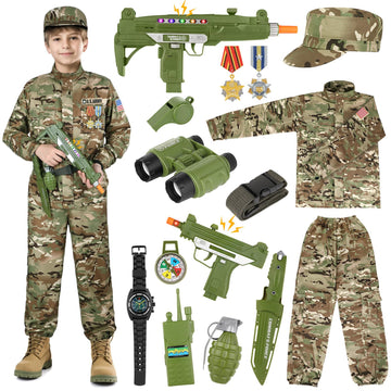 Giftinbox Army Costume For Kids, 15Pcs Soldier Military Costume Dress Up Role Play Set With Army Accessories, Halloween Costumes