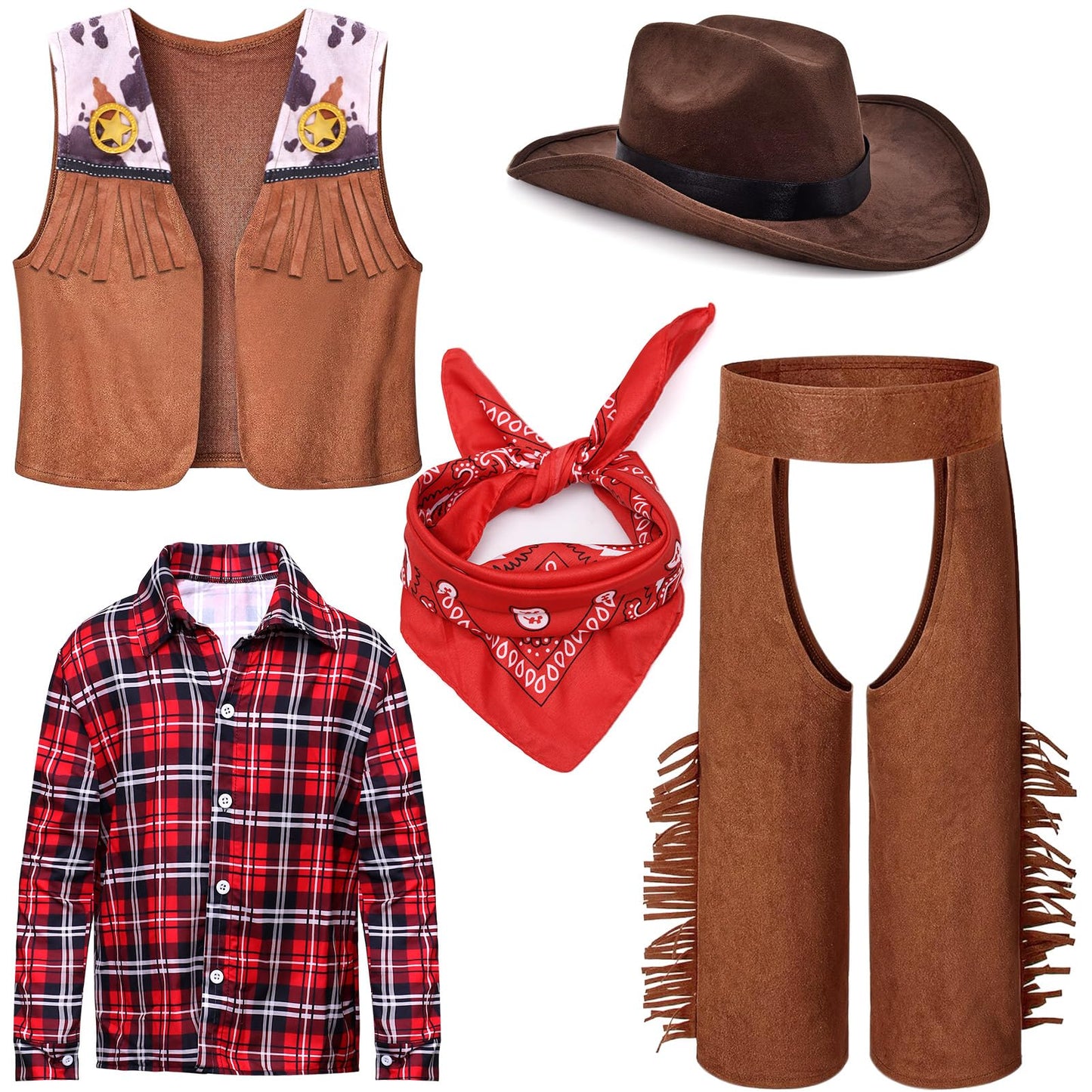 Latocos Kids Cowboy Costume 7 PCS Set, Ages 3-10, Red Polyester Dress Up for Halloween Role Play