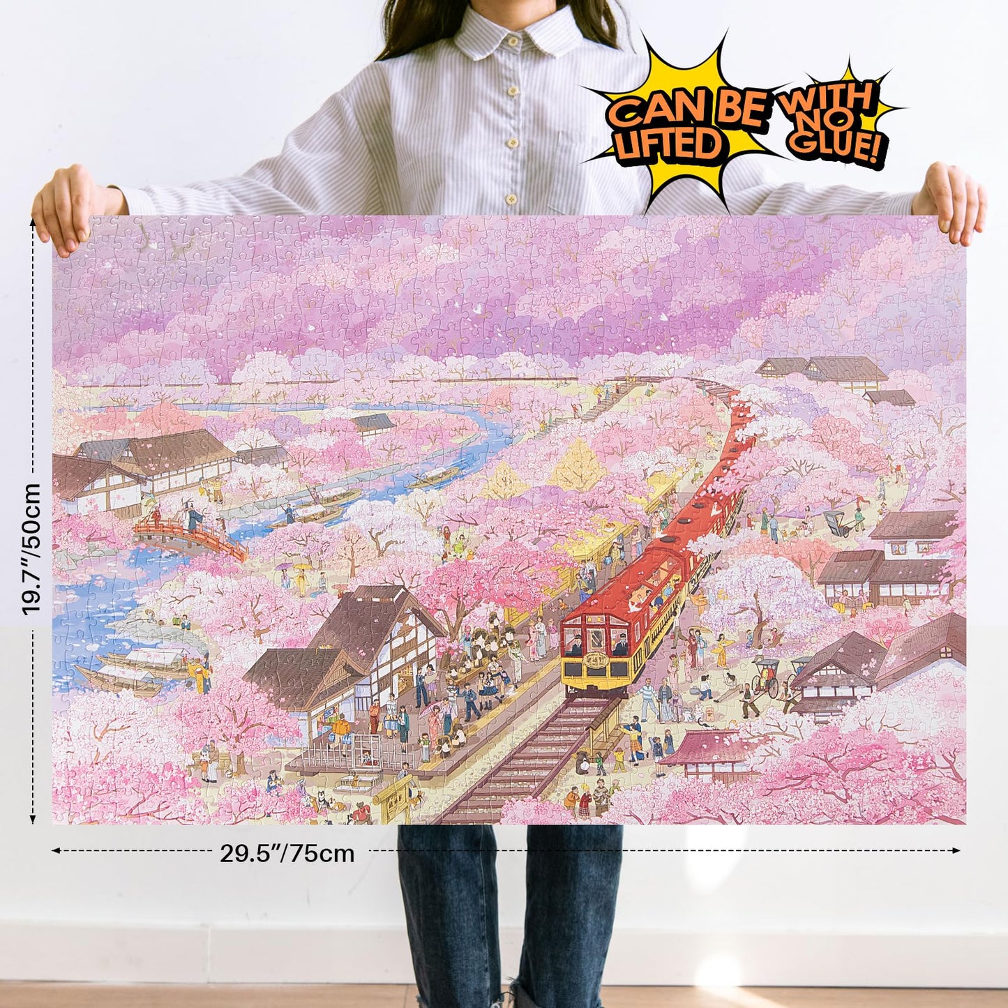 MOMIBOOK Puzzles for Adults 1000 Piece Jigsaw Puzzles of Arashiyama Sakura Tour, Painting Image Cherry Blossom Difficult Challen