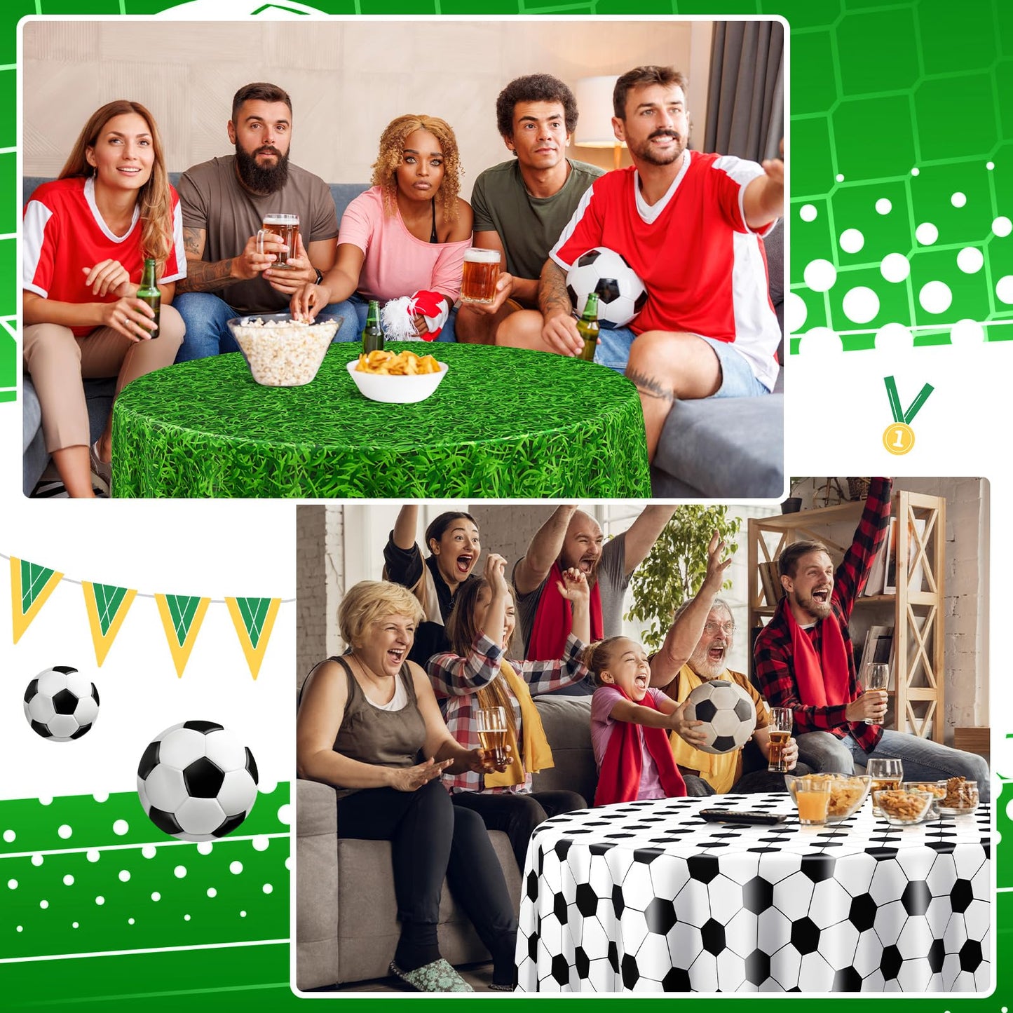 Funnymoom 4 Pack Round Soccer Tablecloth 84 Inch Plastic Soccer Grass Party Decorations Disposable Grass Table Cloth Washable Di