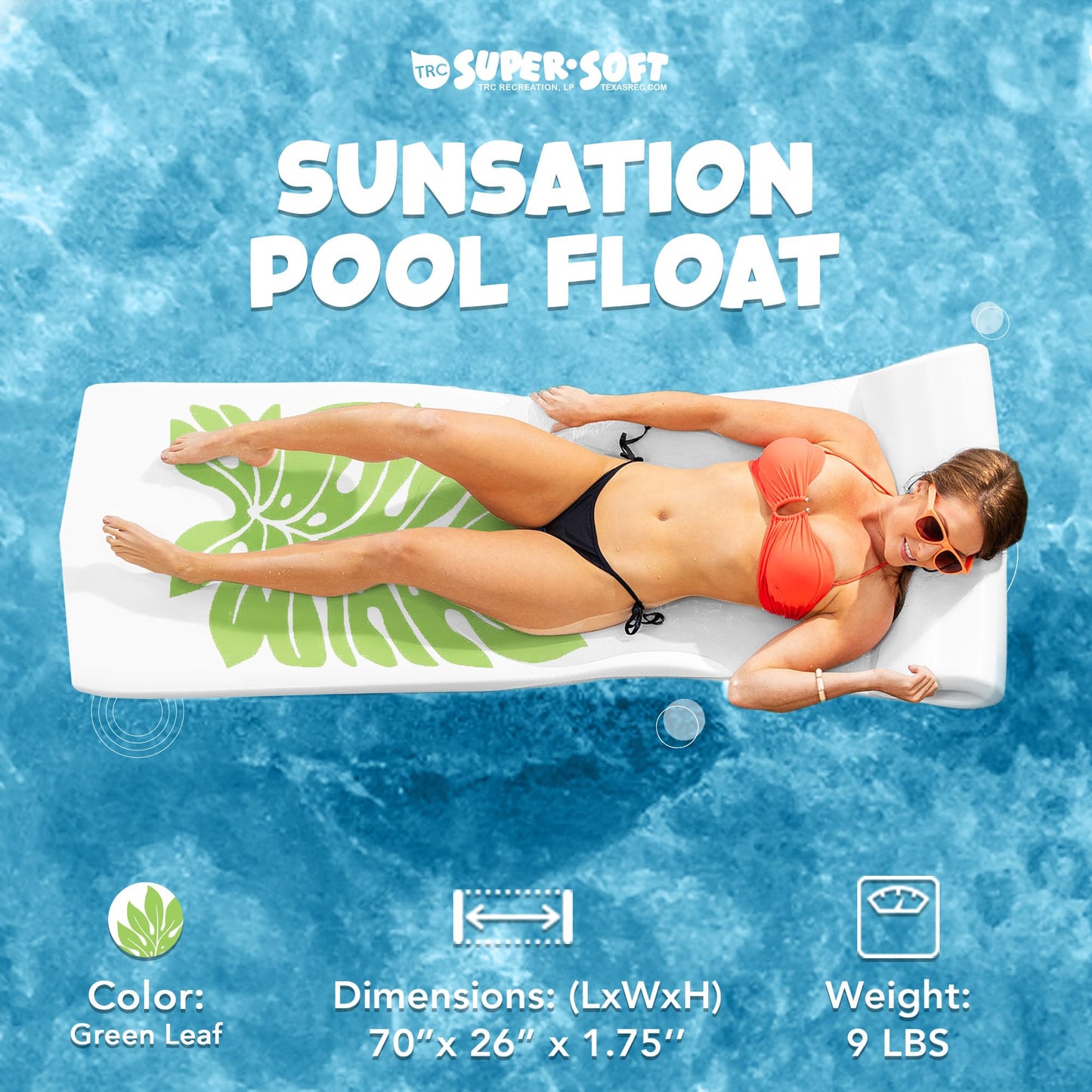 TRC Recreation Sunsation 1.75  Thick Vinyl Coated Foam Swimming Pool Float Mat mature-themed Lounger with Built-In Roll Pillow  White/Green Leaf