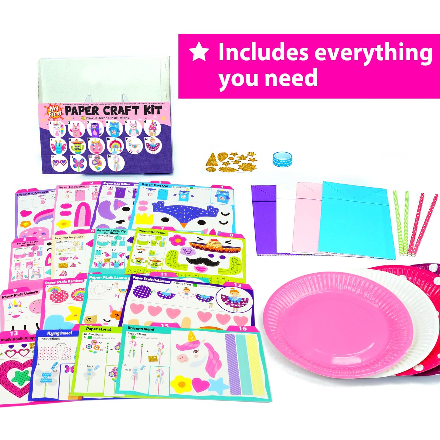 KRAFUN Unicorn Bunny Paper Craft Kit for Ages 3-8, 18 DIY Projects, Girly Paper Crafts