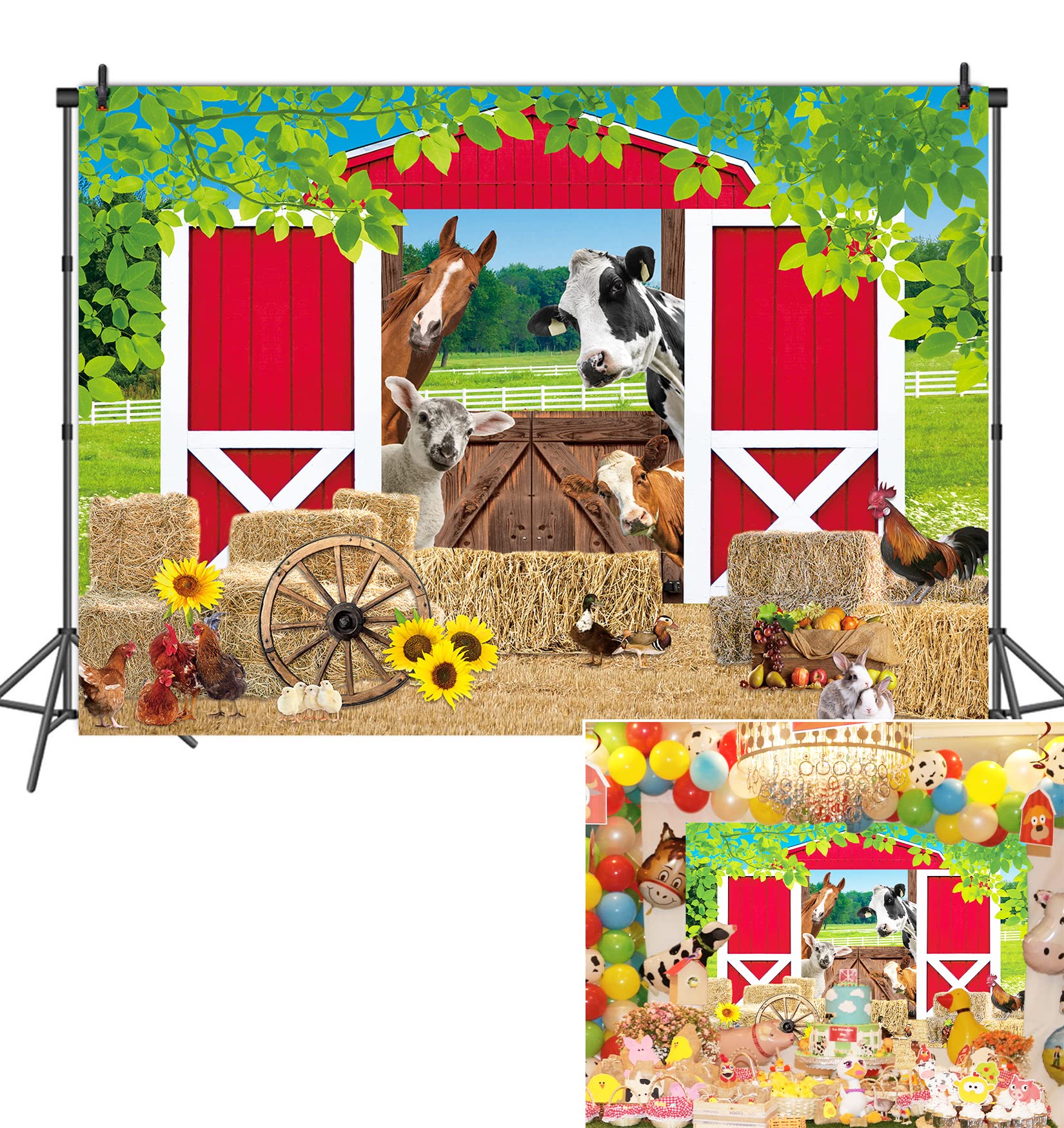 BAIFNEZ Farm Animals Backdrop Red Barn Farmhouse Barnyard Party Banner 7x5FT Country Farm Birthday Party Decorations for Kids Ba